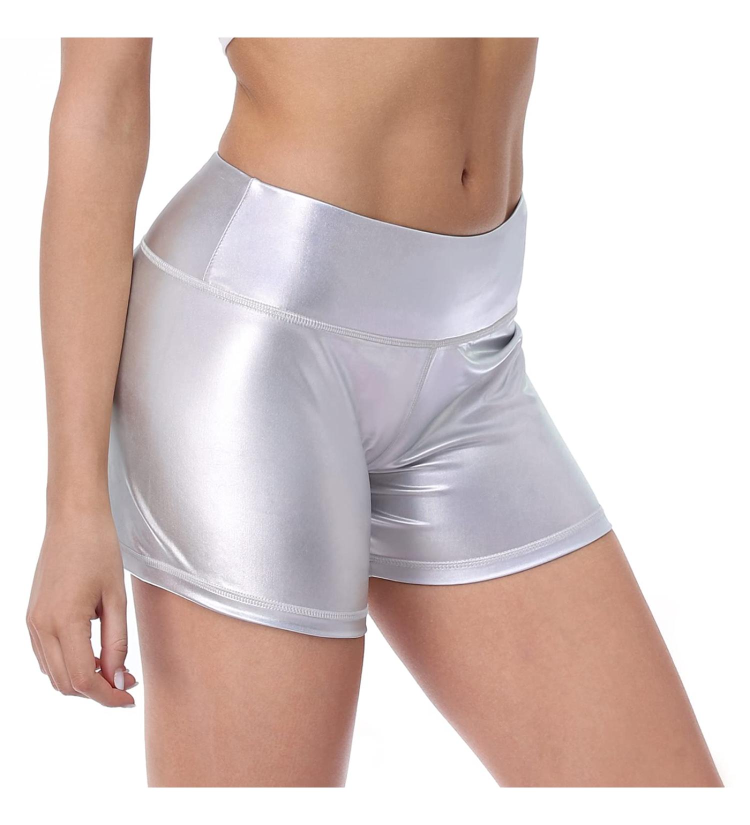 Shiny Metallic High Waisted Rave Shorts for Festival and Dance | Space Silver - Small - Buy Online on GoSupps.com