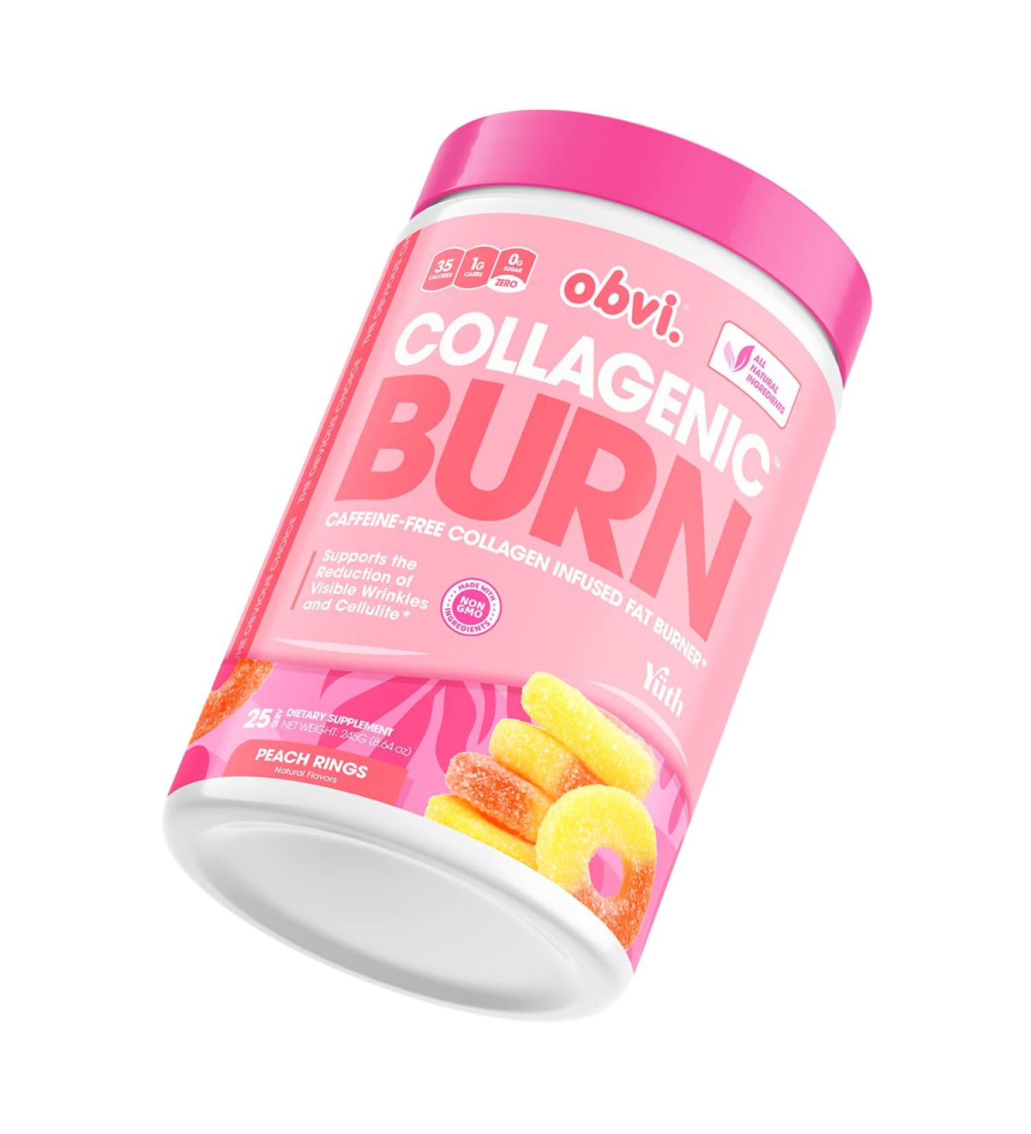 Obvi Collagen Burn Powder - Caffeine Free, 5 Types of Collagen, Hair Skin Nails Joints Support, Peach Rings - 25 Servings - Buy Online on GoSupps.com