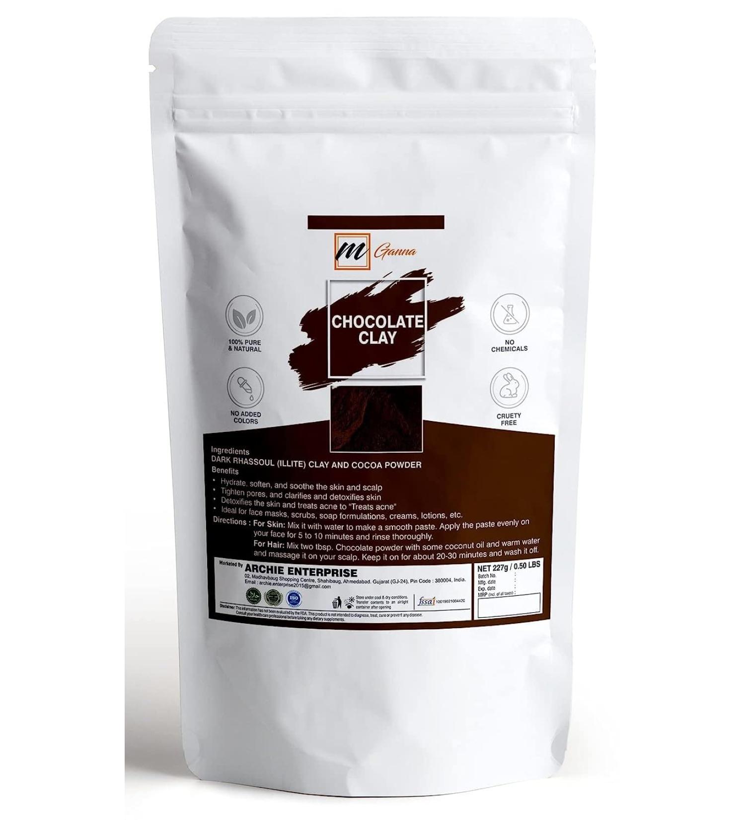 mGanna 100% Natural Chocolate Clay 0.5 LBS / 227 GMS (A Combination of Dark Rhassoul Clay And Cocoa Powder) for Hair and Facial Masks Creams Face Masks Body Wraps Scrubs and Soap Making