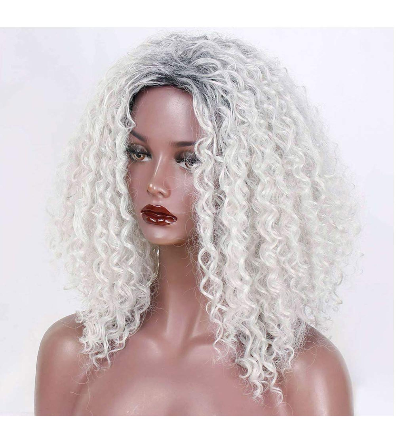 SHIYID Gray White Afro Kinky Curly Wig - Fluffy Synthetic Hair for African American Women | Shop Stylish Wigs Online - Buy Online on GoSupps.com