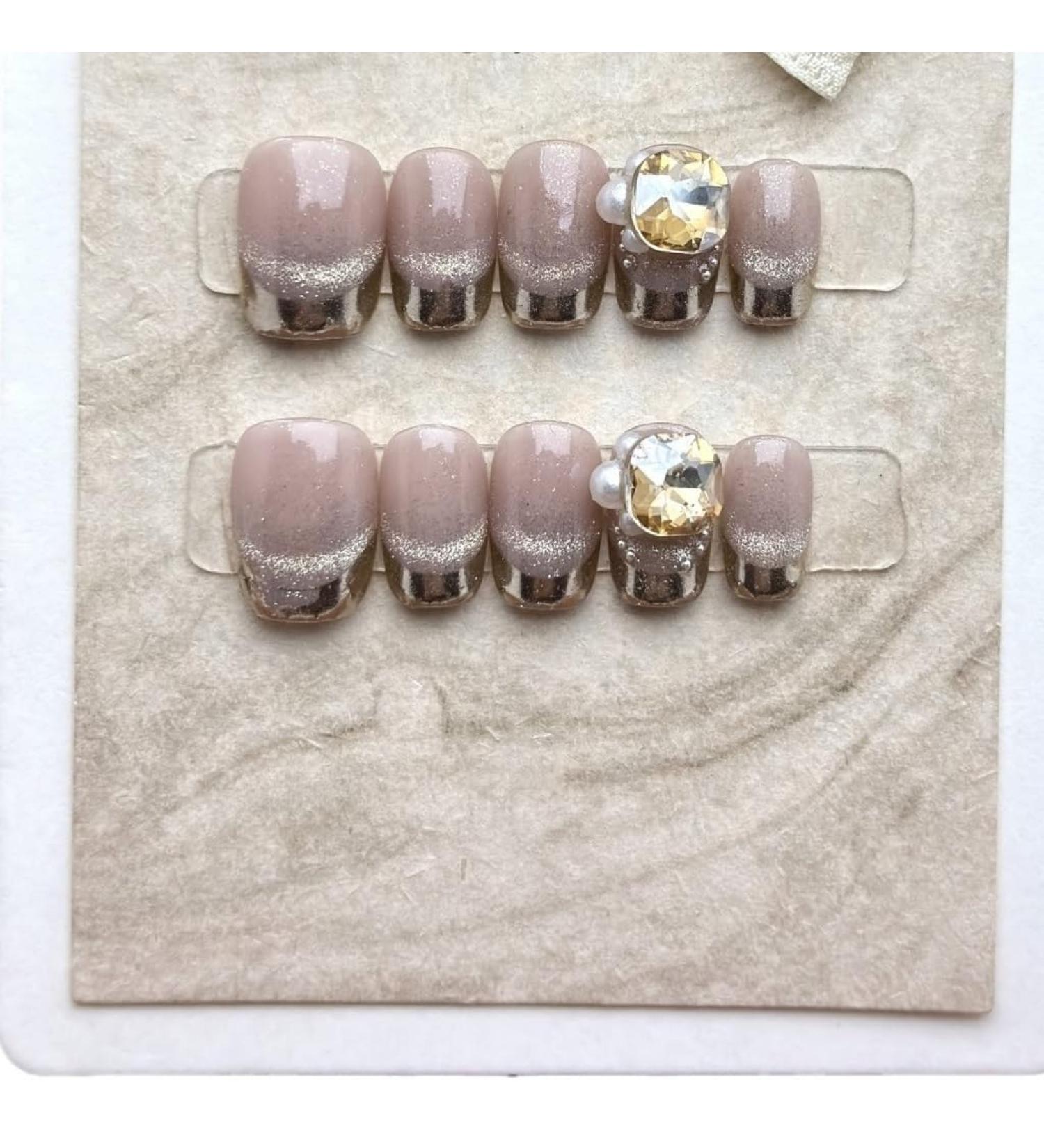 Handmade wearing nail patches short square round fantasy purple cat eyes French diamond fake nail patches nail enhancement (Size : M)