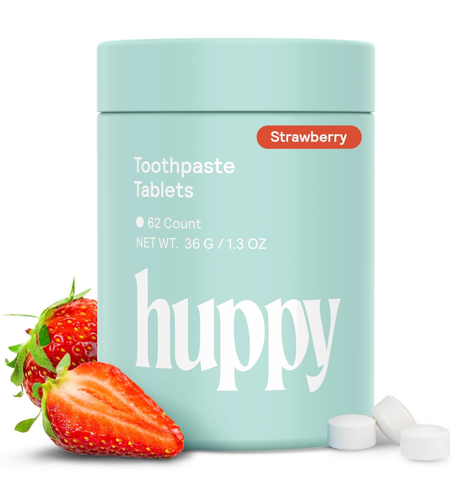 HUPPY Toothpaste Tablets Nano Hydroxyapatite - Natural Whitening Fluoride Free and Remineralizing - Travel Tabs Strawberry Flavor 62 Count 62 count w/ a refillable jar - Buy Online on GoSupps.com