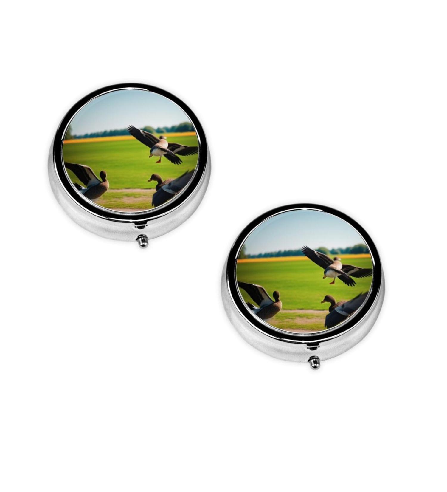 Flying Wild Duck Printed Mini Round Pill Box | 3 Compartment Portable Pill Organizer for Travel Home & Office Use - Buy Online on GoSupps.com