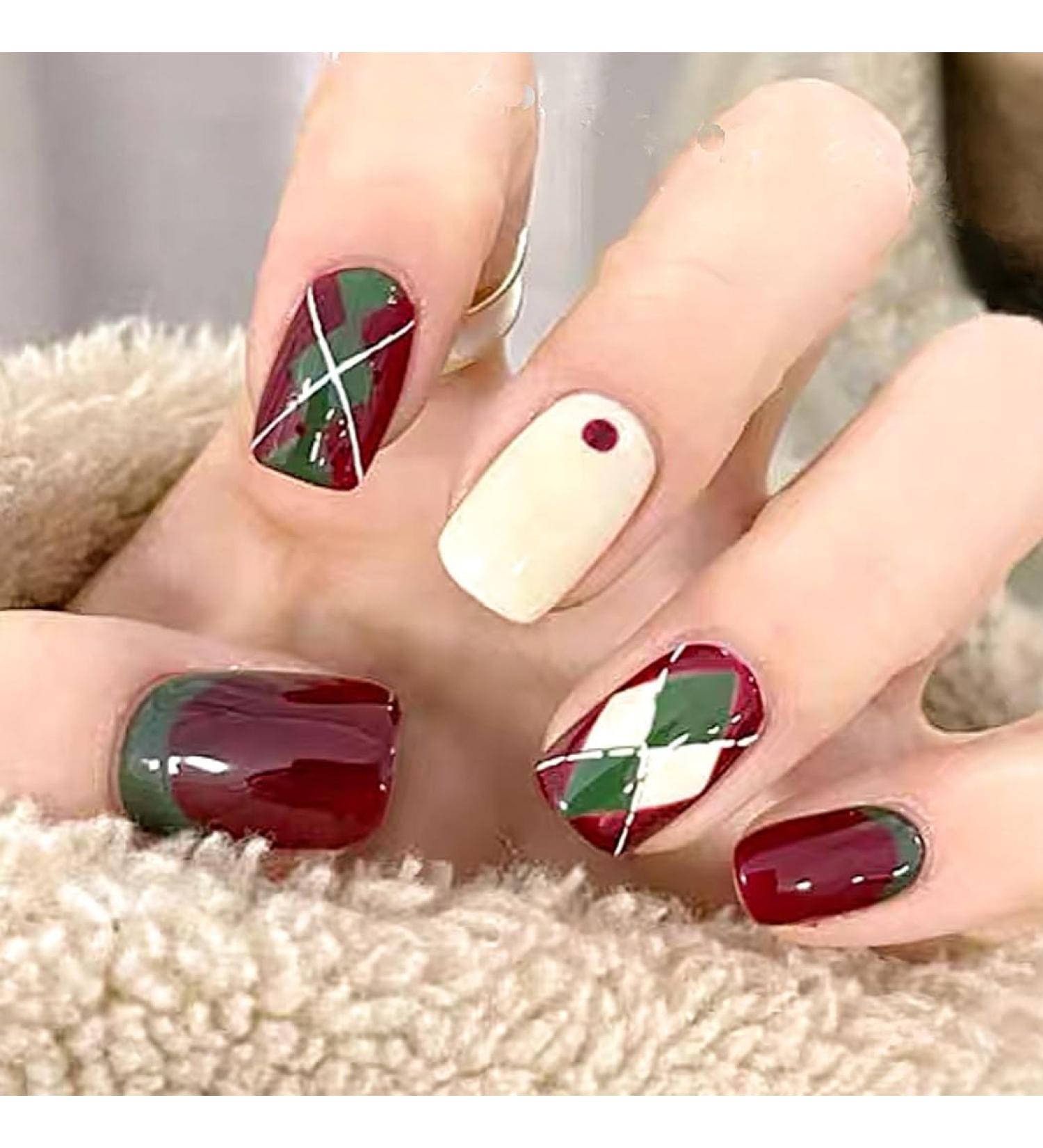 Vatocu Christmas False Nails - Short Red Press on Nails with Snowflakes, Elk, and Snowman Design (24pcs) - Perfect for Women and Girls - Buy Online on GoSupps.com