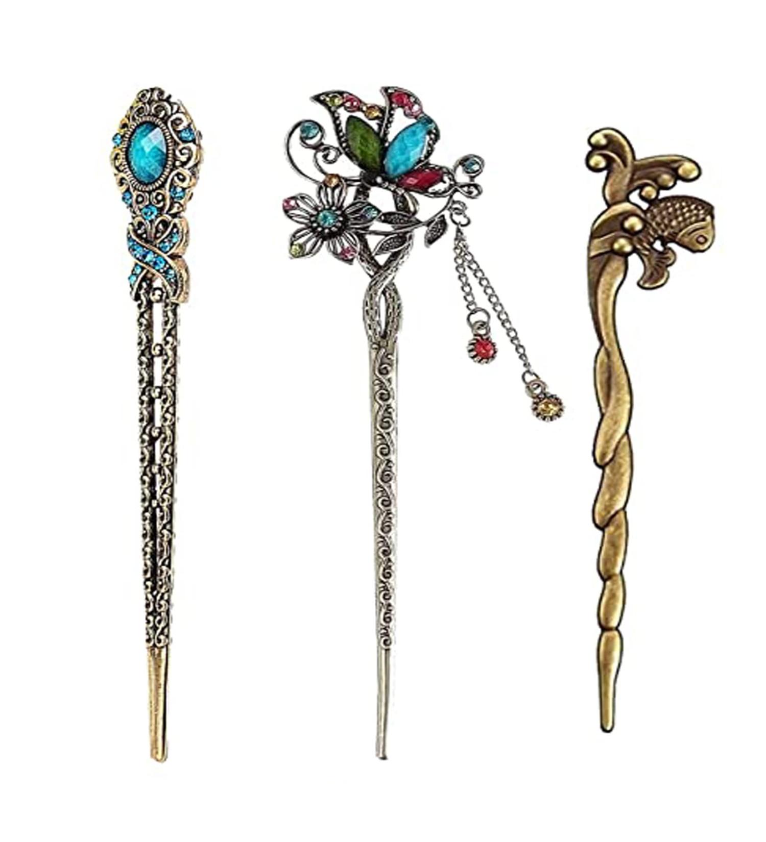 Shop Vintage Chinese Hair Sticks - 3 Piece Antique Bronze Set for Women | Retro Hairpins & Hair Accessories - Buy Online on GoSupps.com