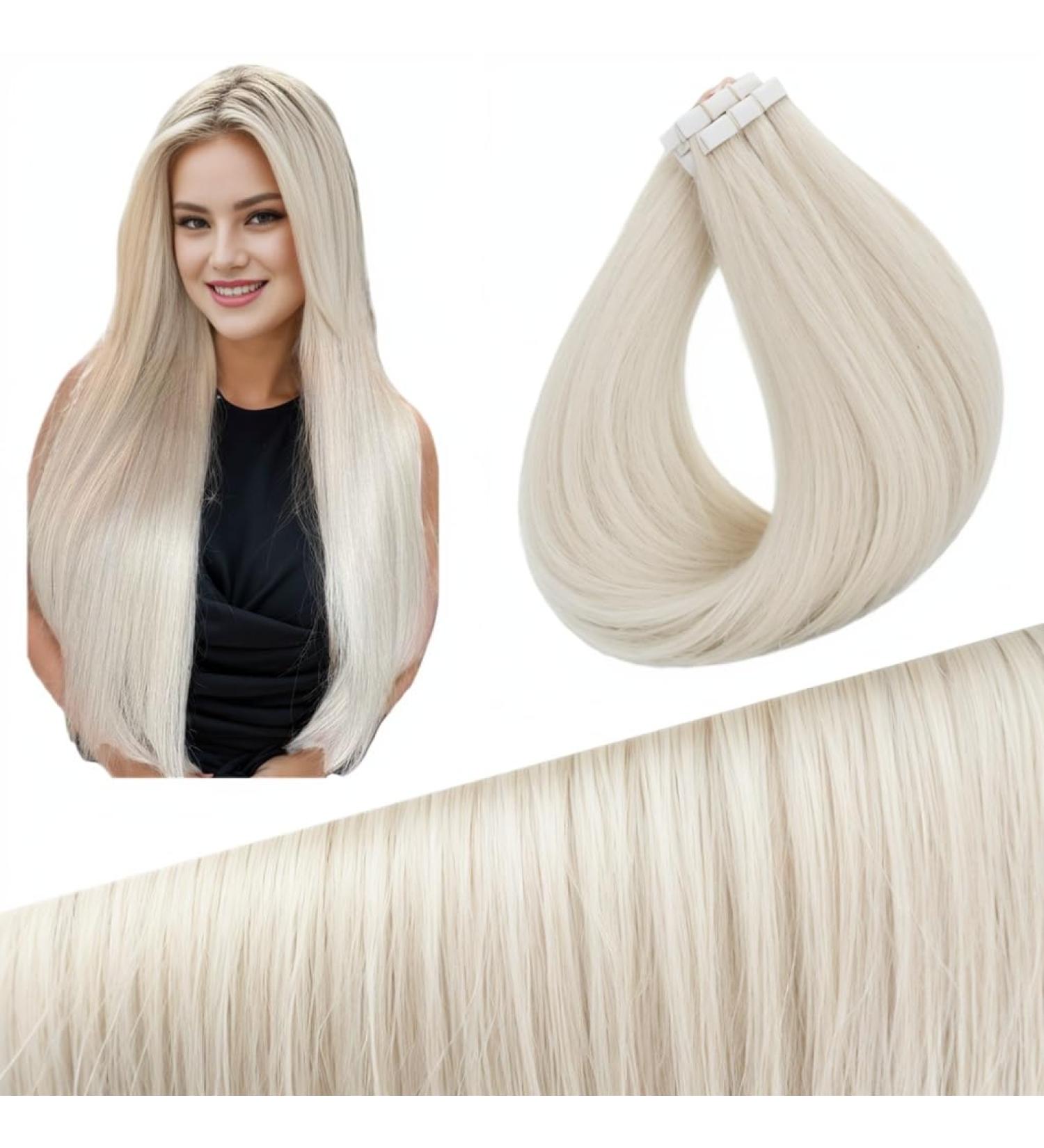FSHINE Tape Extensions - White Blonde Real Hair Extensions 35cm 10 Pieces Virgin Remy Straight Hair Platinum Blonde #1000 InJiat Tape 20g - Buy Online on GoSupps.com