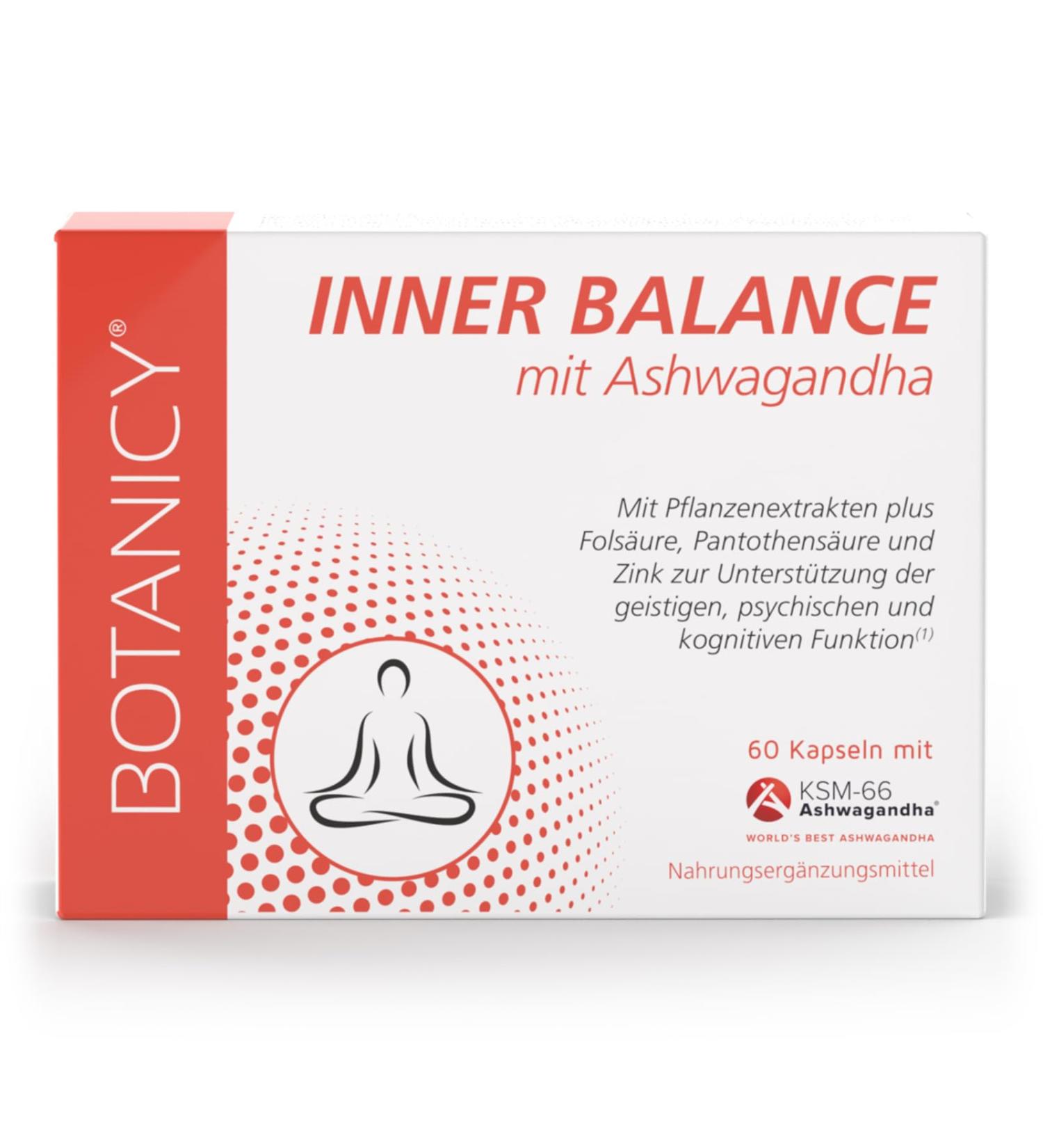 Botanicy Inner Balance - Stress Relief with Ashwagandha KSM-66 Ginkgo Biloba Folic Acid & Zinc | 60 Capsules for Mental Balance - Monthly Pack - Buy Online on GoSupps.com