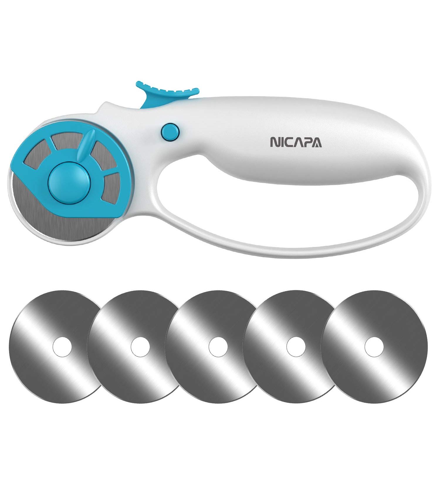 NICAPA 45mm Rotary Cutter for Fabric with Safety Lock and 5 Extra Blades - Crafting, Sewing, Quilting - Ergonomic Design - White - Buy Online on GoSupps.com