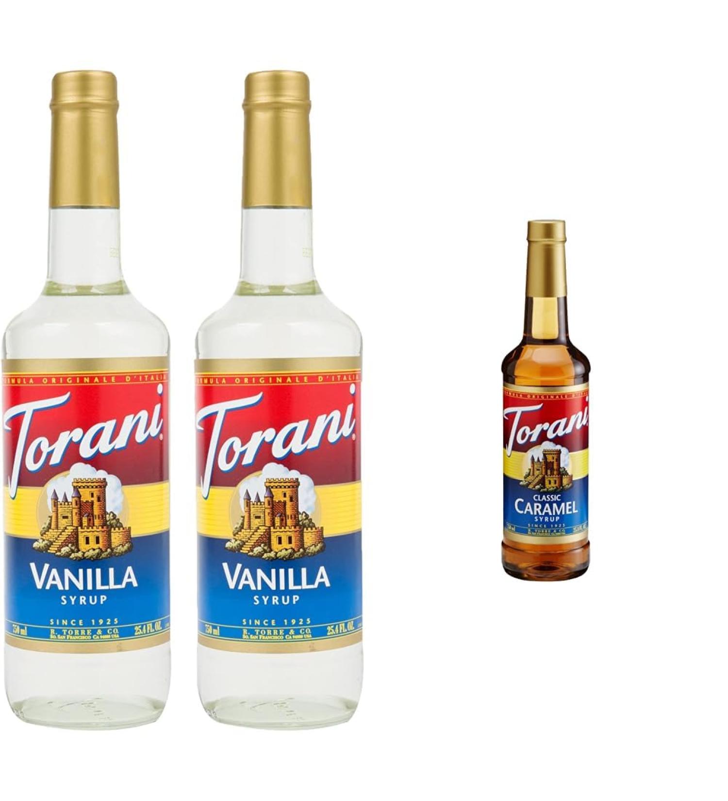 Torani Vanilla Flavour Syrup 750ml bottle 2 Pack Transparent & Caramel Flavour Syrup 150ml Syrup+Caramel Flavour Syrup Vanilla 750 ml (Pack of 2) - Buy Online on GoSupps.com
