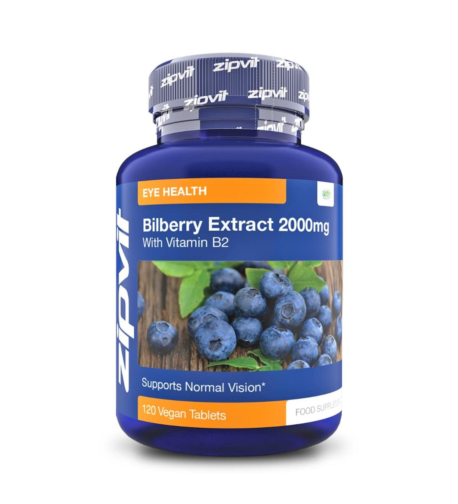 Bilberry Extract 2000mg + Vitamin B2 120 Vegan Tablets for Normal Vision | Vegetarian Society Approved | UK Supplier - Buy Online on GoSupps.com