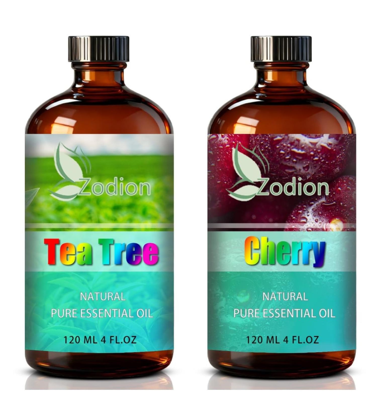 Cherry Essential Oil 4 Fl Oz and Tea Tree Essential Oil 4 Fl Oz - ZODION Cherry & Tea Tree Oil for Diffuser Aromatherapy Home Fragrance Skin & Hair Care DIY Candle & Soap Making Yoga - Buy Online on GoSupps.com