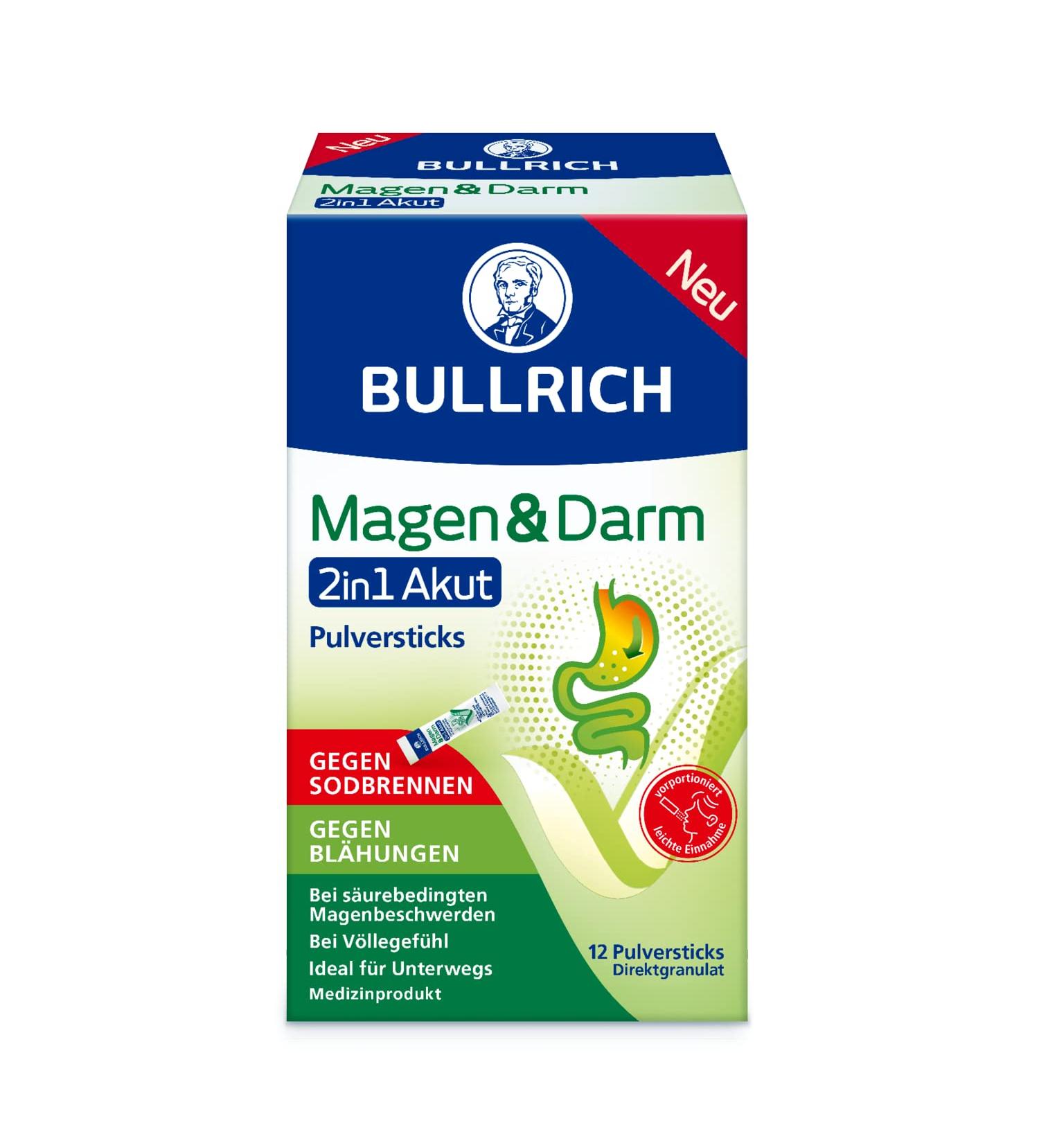 Bullrich Stomach & Darm 2in1 Akut - Vegan Relief for Heartburn & Flatulence | 12 Powder Sticks | Ideal for Travel - Buy Online on GoSupps.com