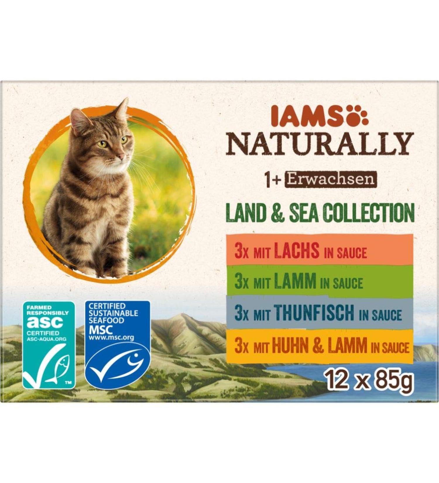IAMS Naturally Cat Food in Sauce - High-Quality Wet Food for Adults | Land & Sea Collection | 12 x 85g Meat & Fish (1-6 Years) - Buy Online on GoSupps.com