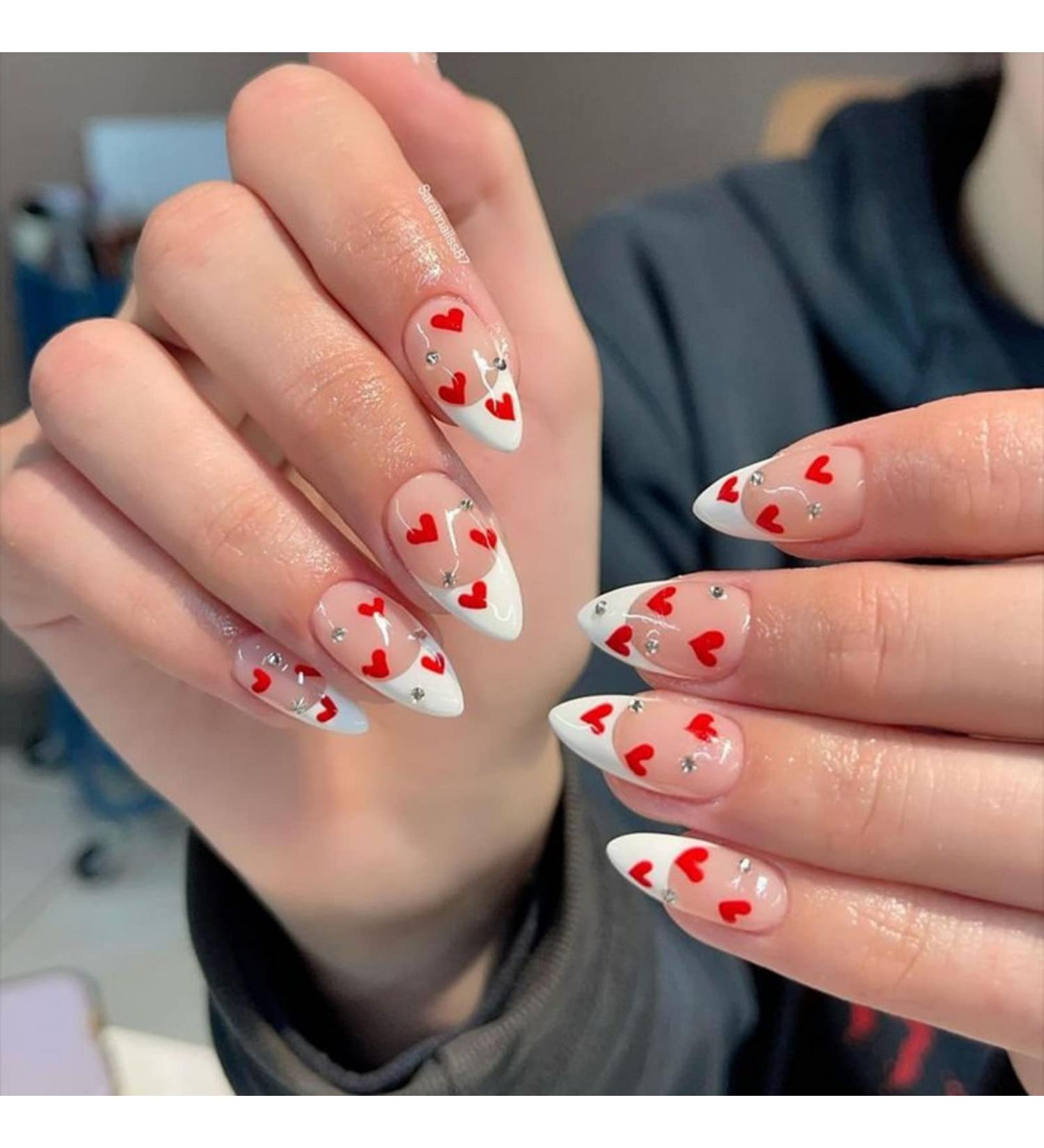 Justotry 24 Pcs Stiletto Nails - Red Heart & White French Press Almond Art - Trendy Medium Fake Nails for Women - Buy Online on GoSupps.com