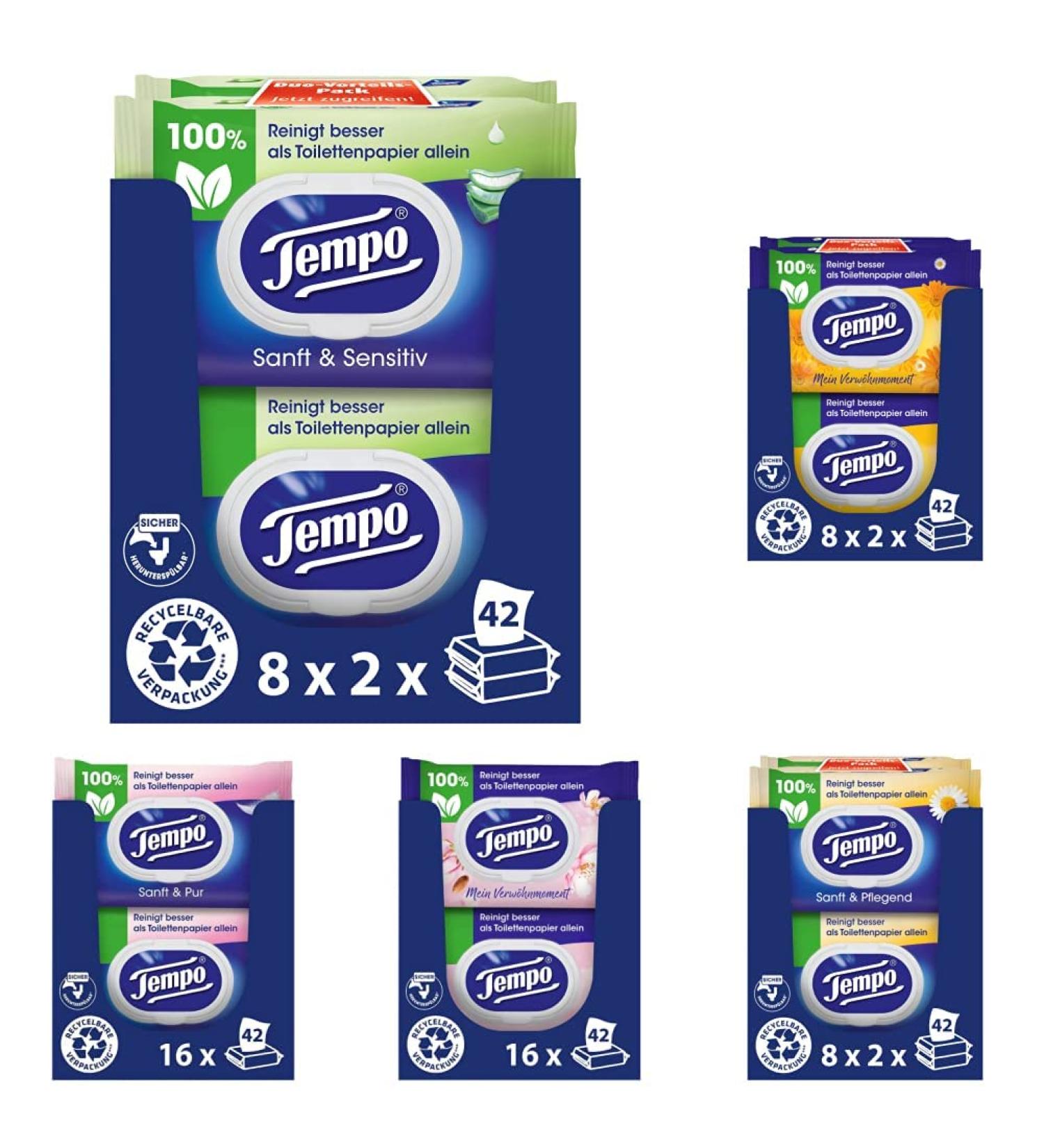 Tempo Moist Toilet Towels Bundle - Aloe Vera Chamomile Pure Calendula & Almond Milk (16 Pack Each) - Gentle & Sensitive Care for International Shipping - Buy Online on GoSupps.com