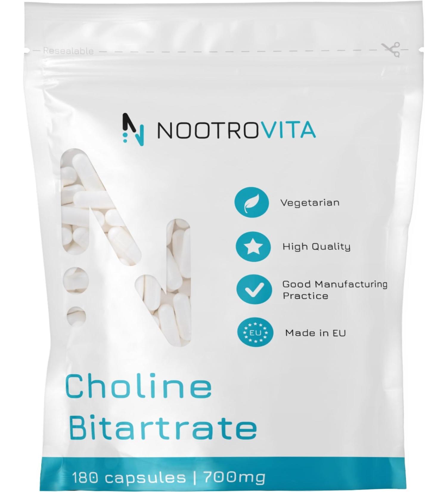 Cholin high dose 700mg - 180 capsules |For liver function memory brain and concentration |Vegan gluten free cholin bitartat |Made in ISO-certified companies |Nootrovita