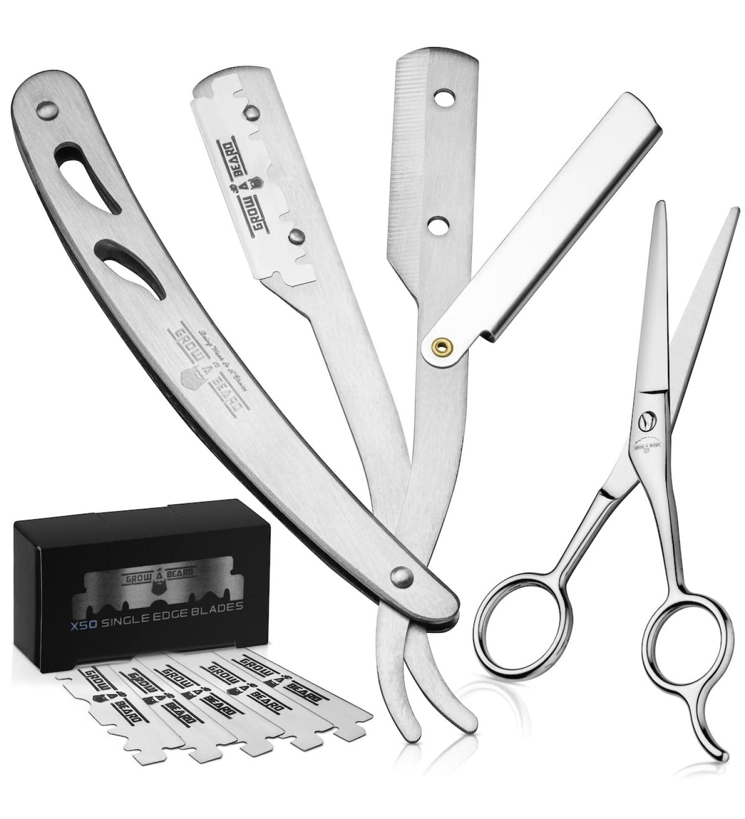 Barber Kit: Straight Razor with 50 Single Blade Razors & Scissors - Professional Barber Supplies - Buy Online on GoSupps.com