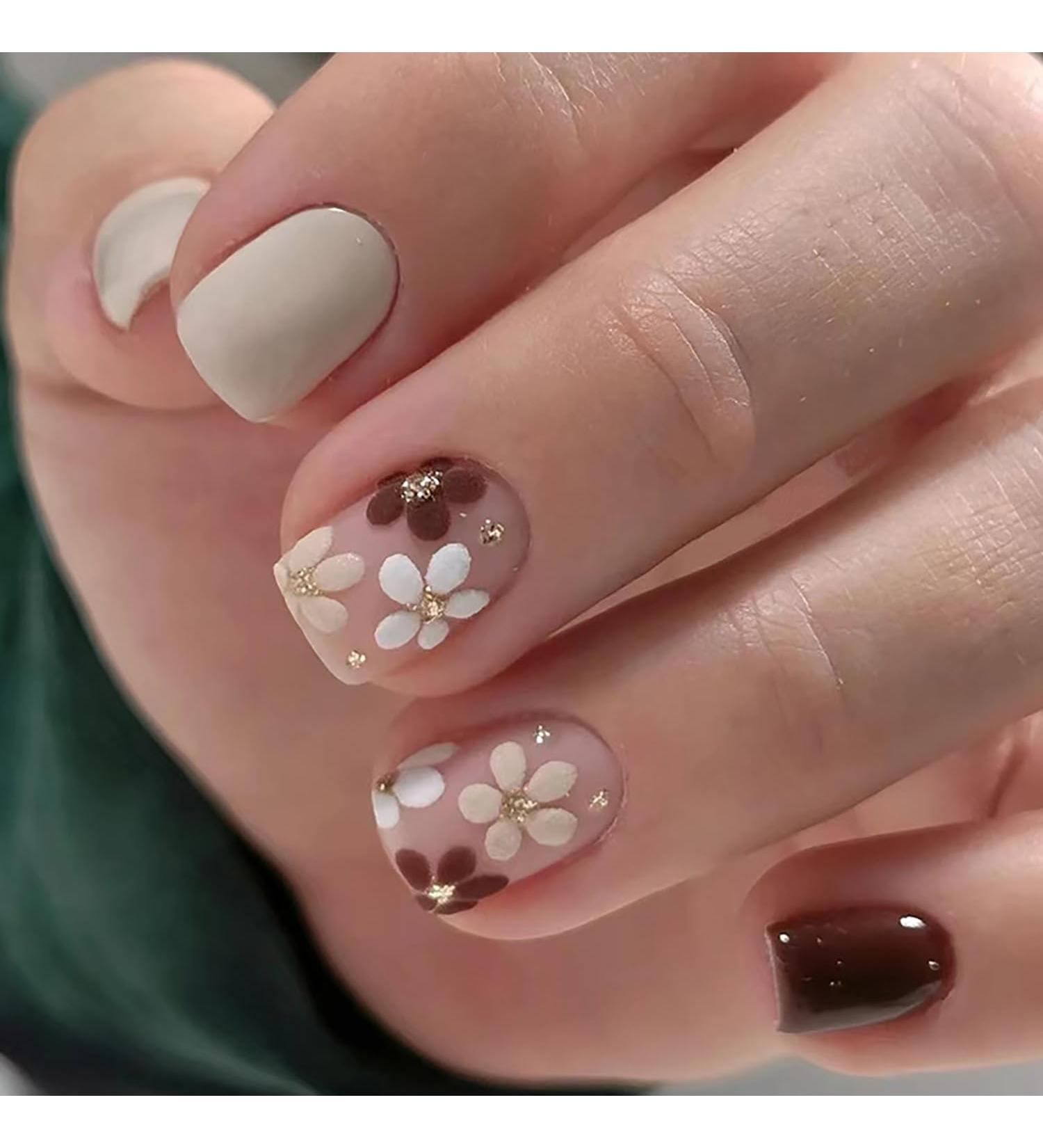 24Pcs Fall Fake Nails - Short Press On Square Acrylic Nails | Autumn Winter Maillard Color & Floral Design for Girls - Buy Online on GoSupps.com