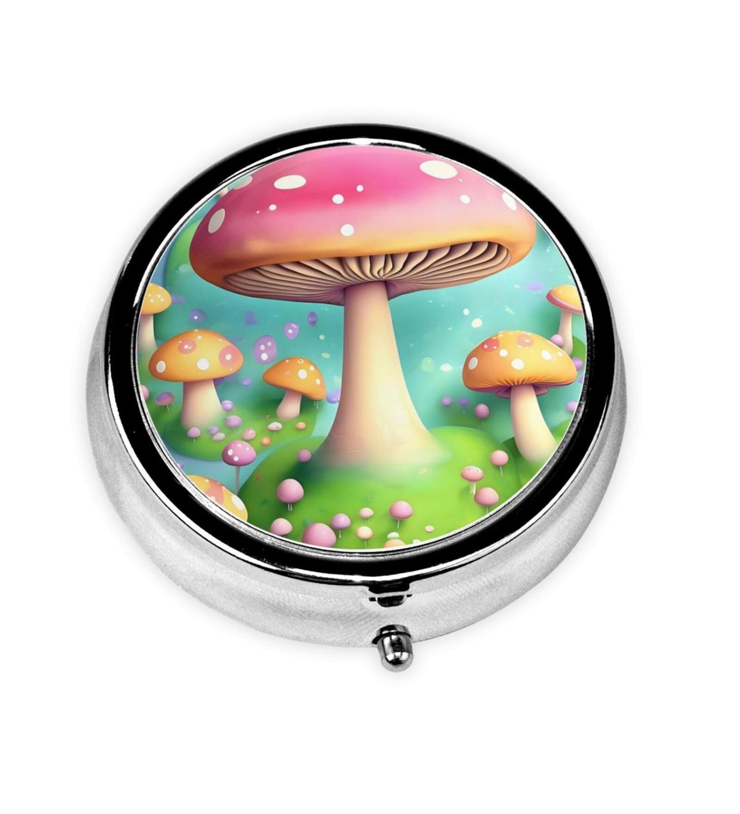 Small Metal Round Pill Box - Travel-Friendly Three Compartment Medicine Organizer for Purse & Pocket - Wonderful Little Mushrooms Design - Buy Online on GoSupps.com