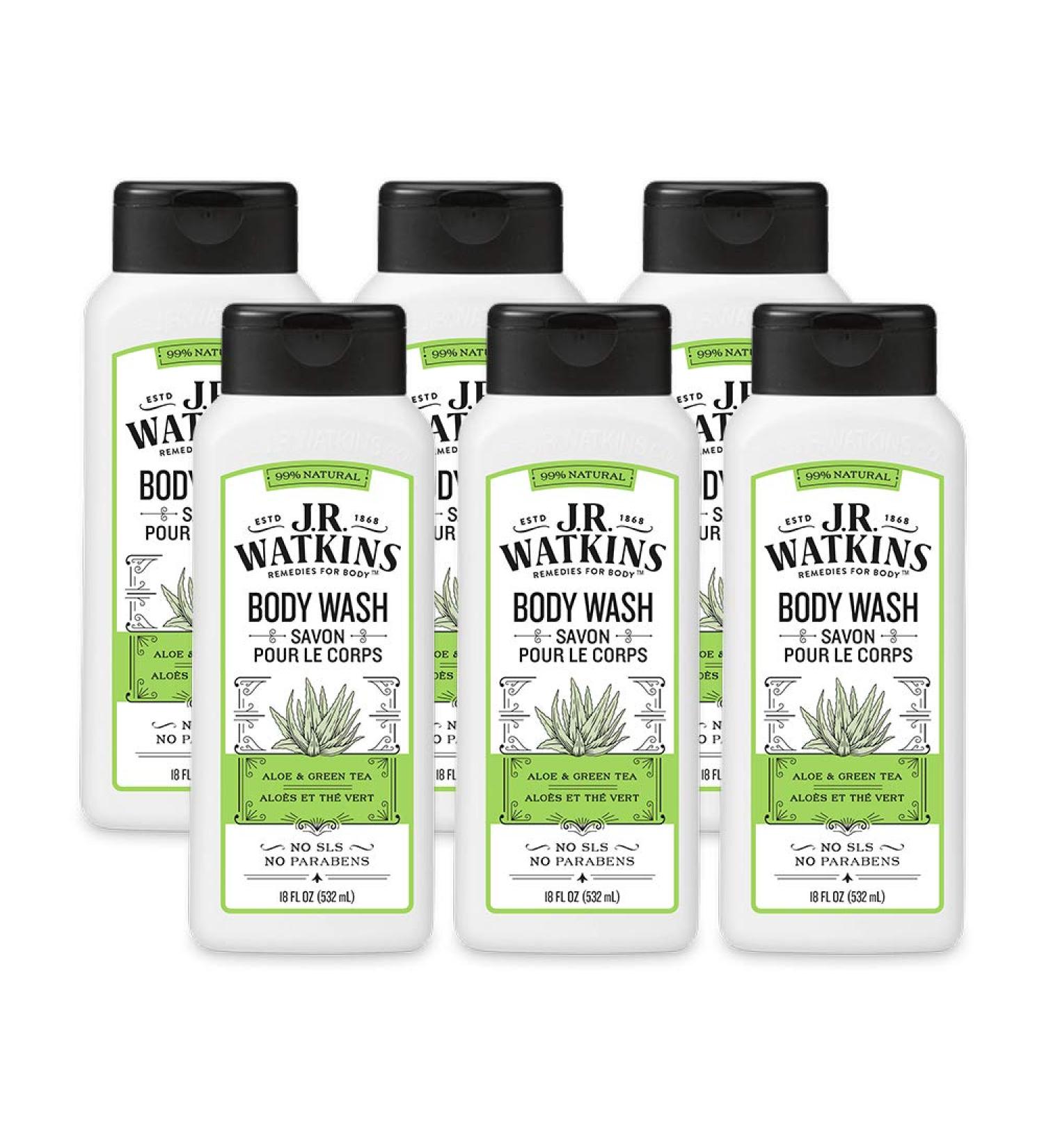 JR Watkins Natural Aloe & Green Tea Body Wash 6 Pack - Hydrating Shower Gel | SLS-Free, USA Made, 18 fl oz (Pack of 6) - Buy Online on GoSupps.com