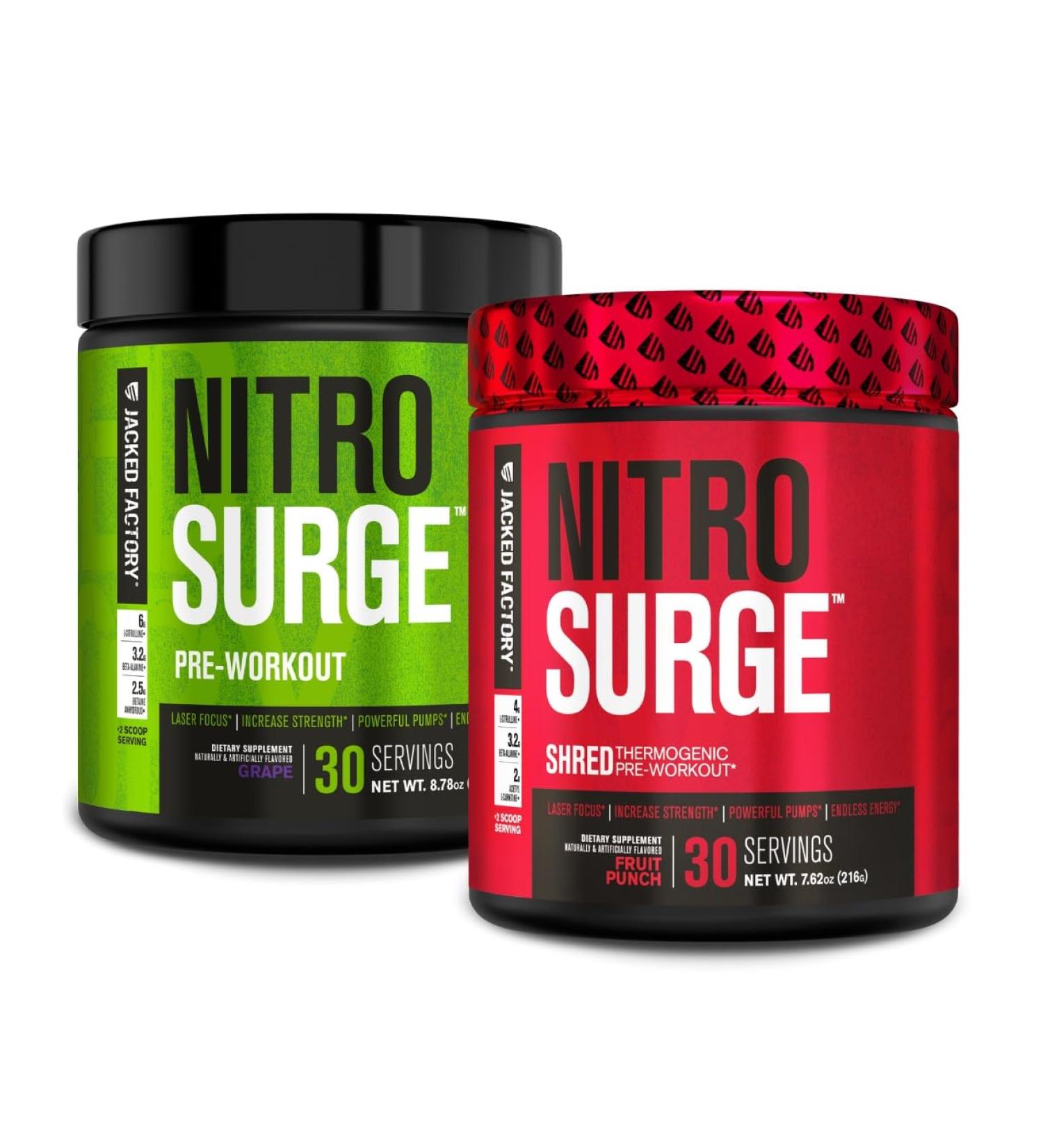Jacked Factory Nitrosurge Pre-Workout in Grape & Fruit Punch Nitrosurge Shred Thermogenic Pre-Workout for Men & Women - Buy Online on GoSupps.com