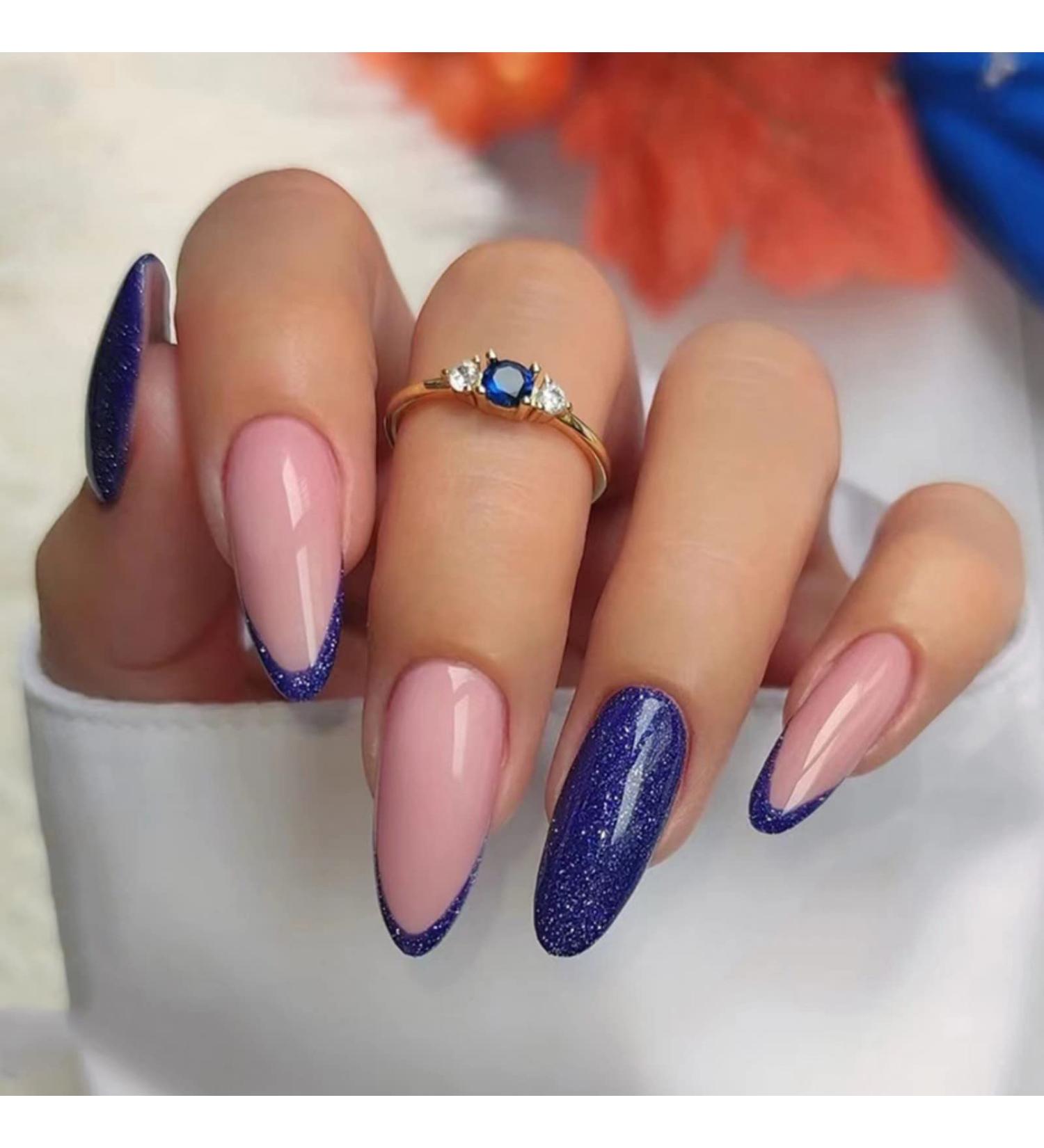 Justotry 24 Pcs Glitter Almond Navy Blue French False Nails - Medium Stiletto Stick on Nails with Nail Glue for Women - Nail Art Fake Nails - Buy Online on GoSupps.com