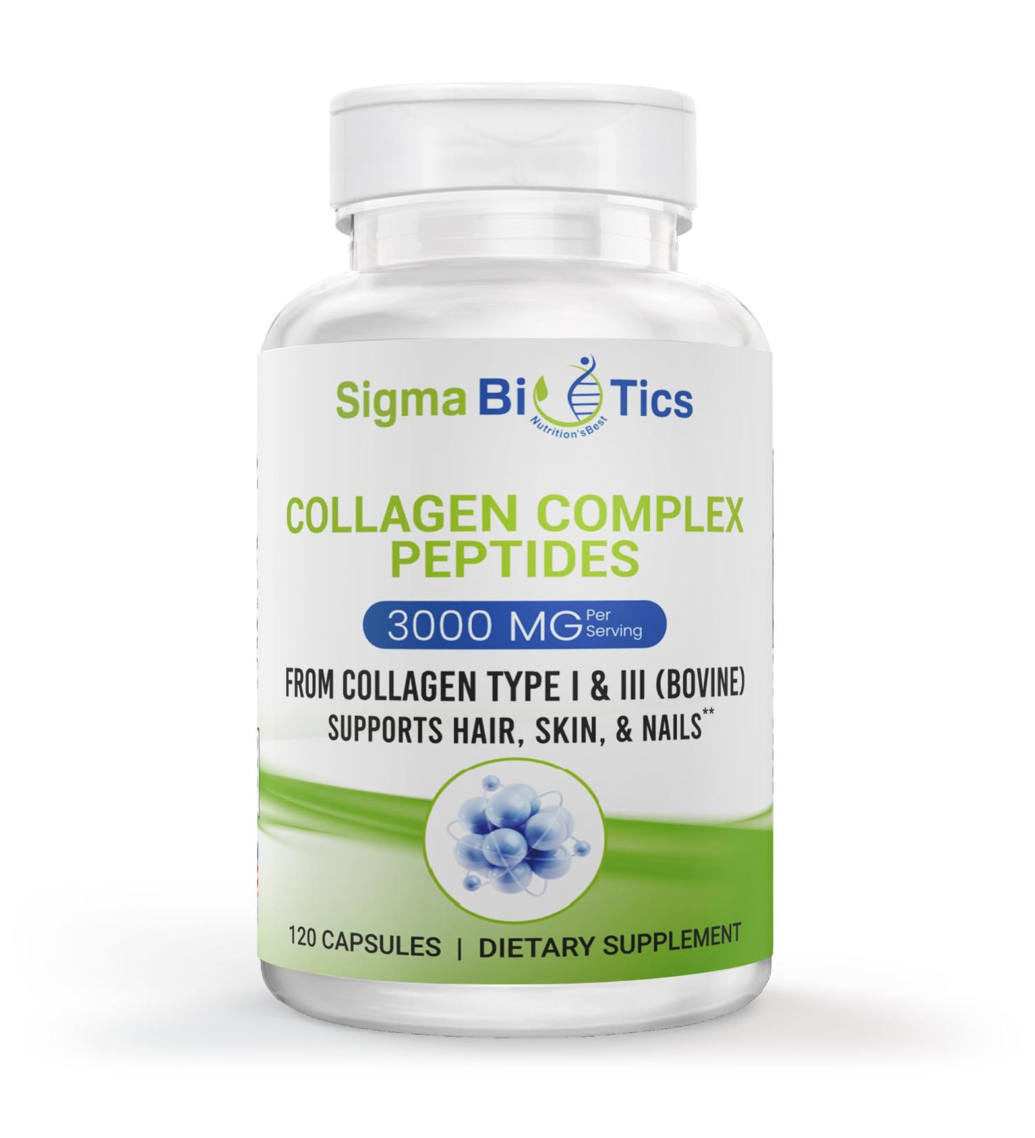 Sigma Biotics Collagen Peptides - Hydrolyzed Collagen Capsules for Hair Skin Nails and Joint Support - High-Strength Collagen Supplements with Type I & III - 3000 mg per Serving - 120 Pills - Buy Online on GoSupps.com