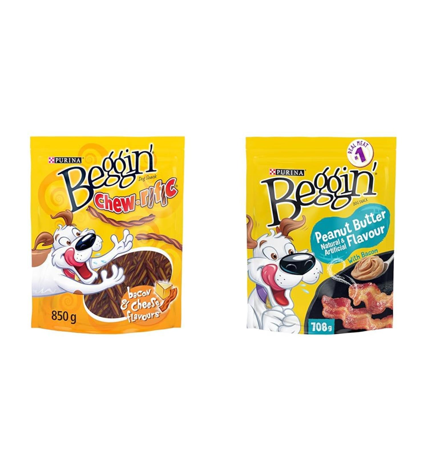 Beggin' Chew-rific Dog Treats Bacon and Cheese - 850 g Pouch (1 Pack) & Beggin' Collisions Dog Treats Peanut Butter - 708 g Pouch (1 Pack) - Buy Online on GoSupps.com