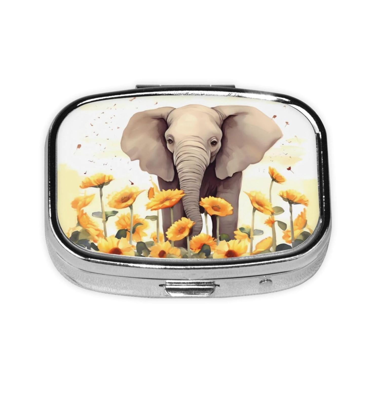 Elephant and Sunflower Small Pill Case - Cute 2 Compartment Travel Pill Box Organizer for Purse | Ideal Travel Gifts - Buy Online on GoSupps.com