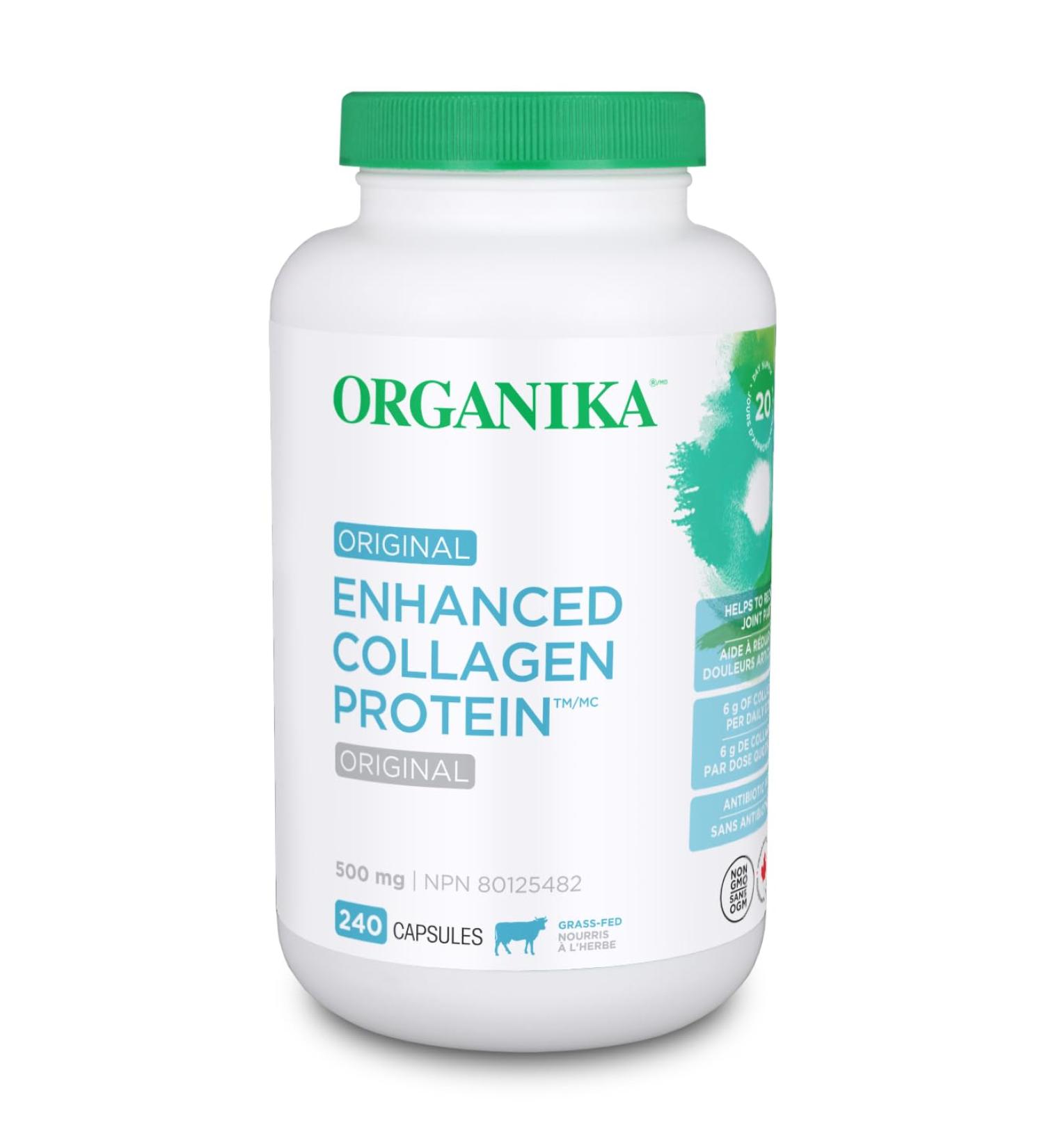 Organika Enhanced Collagen Protein Capsules - For Healthy Hair Skin Nails Joints - Hydrolyzed For Better Absorption Grass-Fed Non-GMO - 240 Capsules - Buy Online on GoSupps.com
