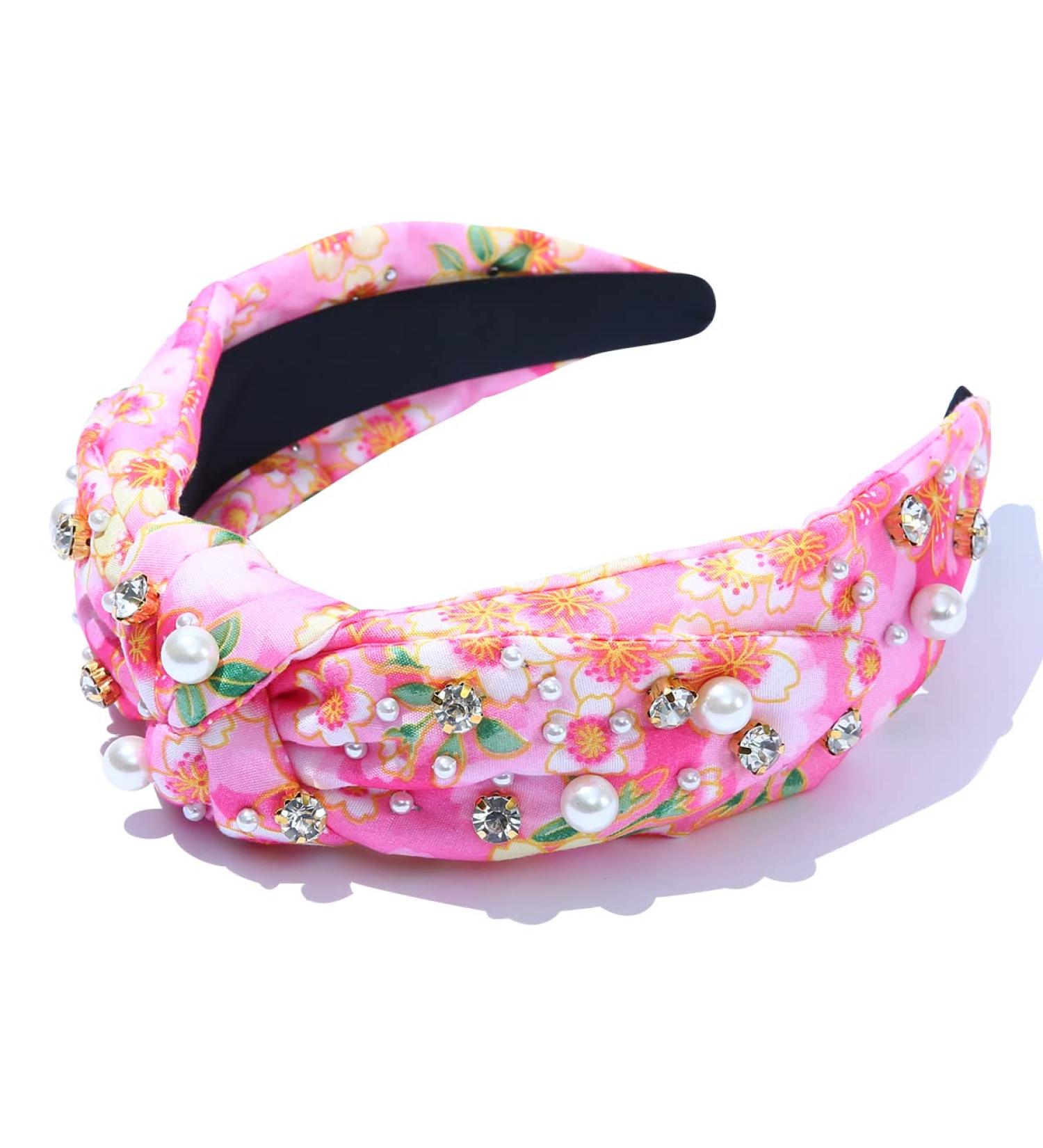 Vintage Pearl Print Crystal Knotted Headband - Cherry Pink Floral Hair Band - Buy Online on GoSupps.com