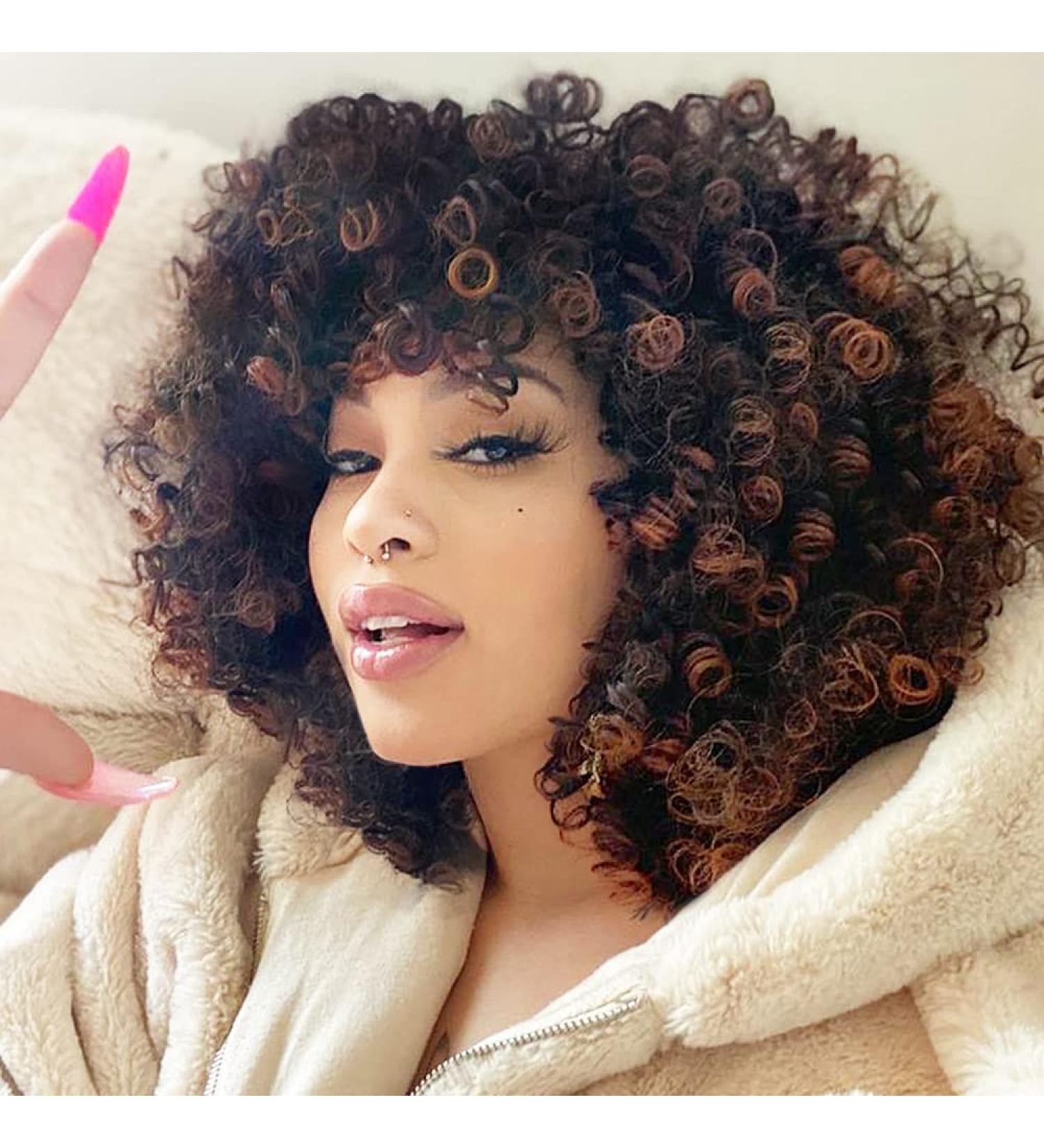 Afro Curly Wig with Bangs - Dark Brown Shoulder Length Synthetic Kinky Curly Wig for Black Women - Buy Online on GoSupps.com