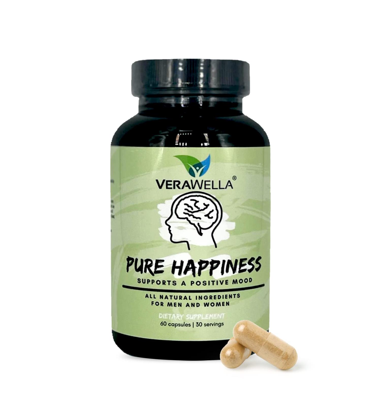 VeraWella Pure Happiness Mood Boost Capsules - All-Natural Stress Support with St. Johns Wort, 5HTP, Turmeric & Ginkgo Biloba - 60 Capsules - Buy Online on GoSupps.com