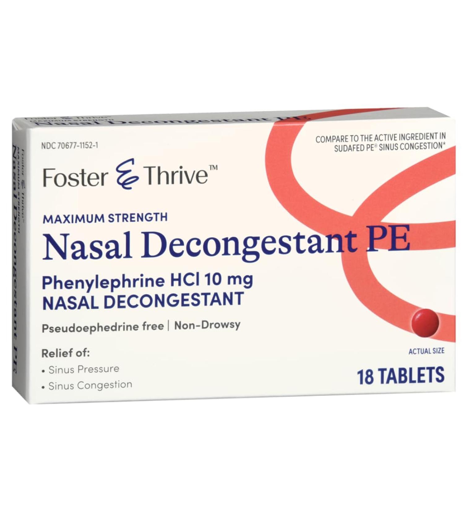 Nasal Decongestant PE Phenylephrine HCl 10 mg (Maximum Strength) Pseudoephedrine-Free and Non-drowsy (18 Tablets)