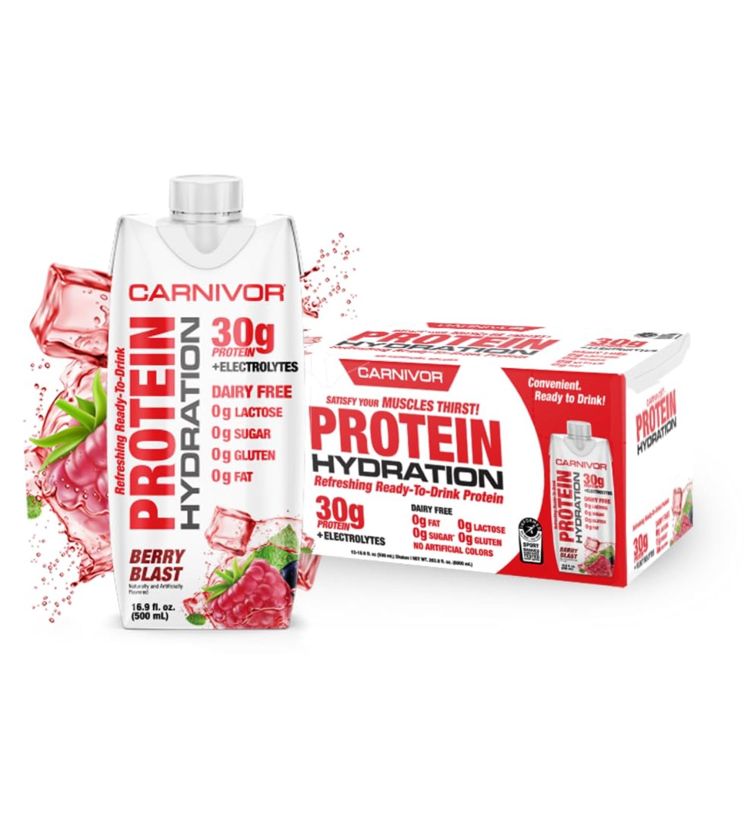 MuscleMeds Carnivor Protein Hydration RTD Ready to Drink Lactose Free Sugar Free 30g Isolate Protein Halal Certified Berry Blast 16.9 Fl Oz (Pack of 12) - Buy Online on GoSupps.com