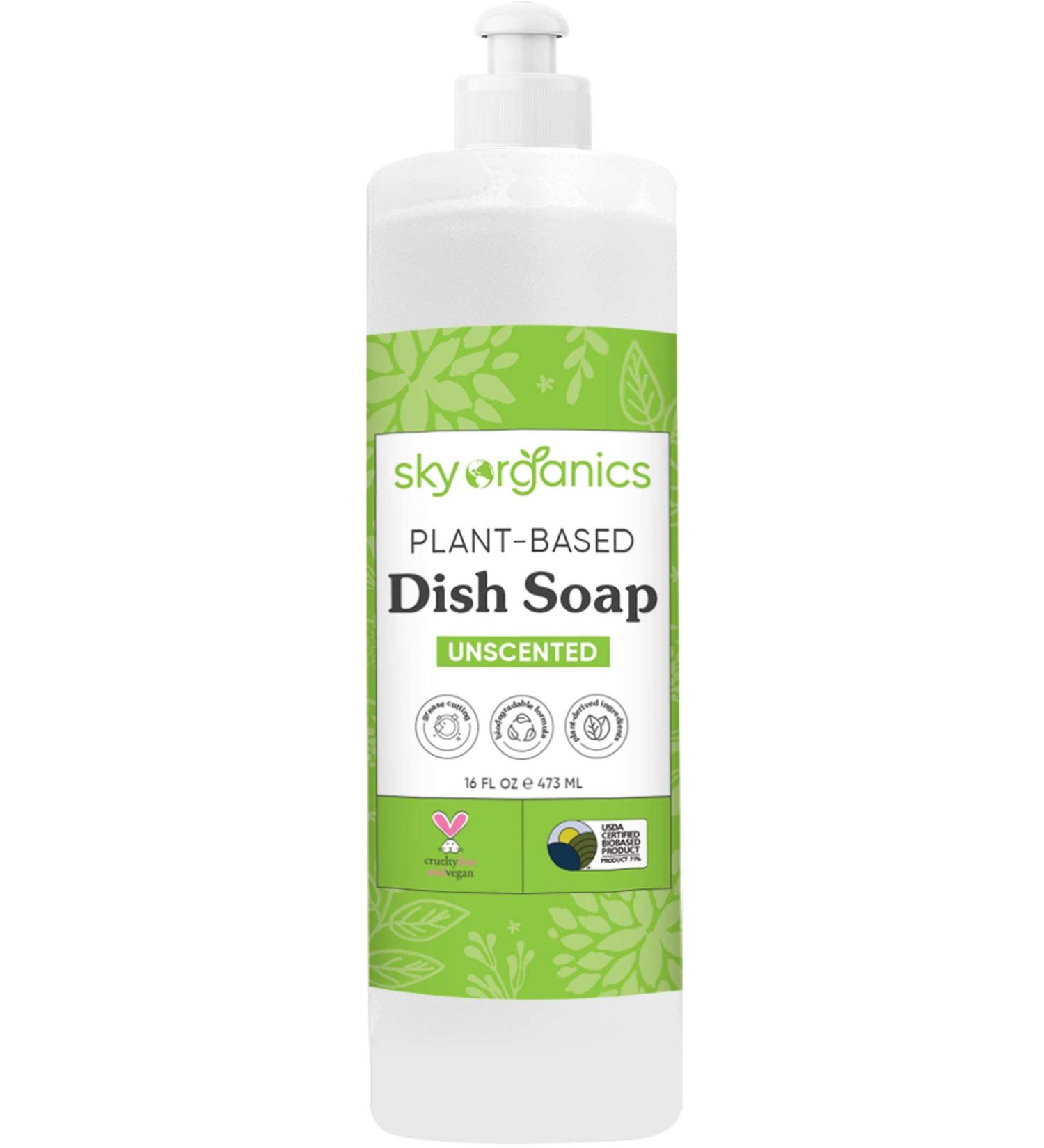 Sky Organics Plant-Based Unscented Dish Soap USDA Bio-Based Non-Toxic Biodegradable Formula for Household Cleaning 16 fl. Oz