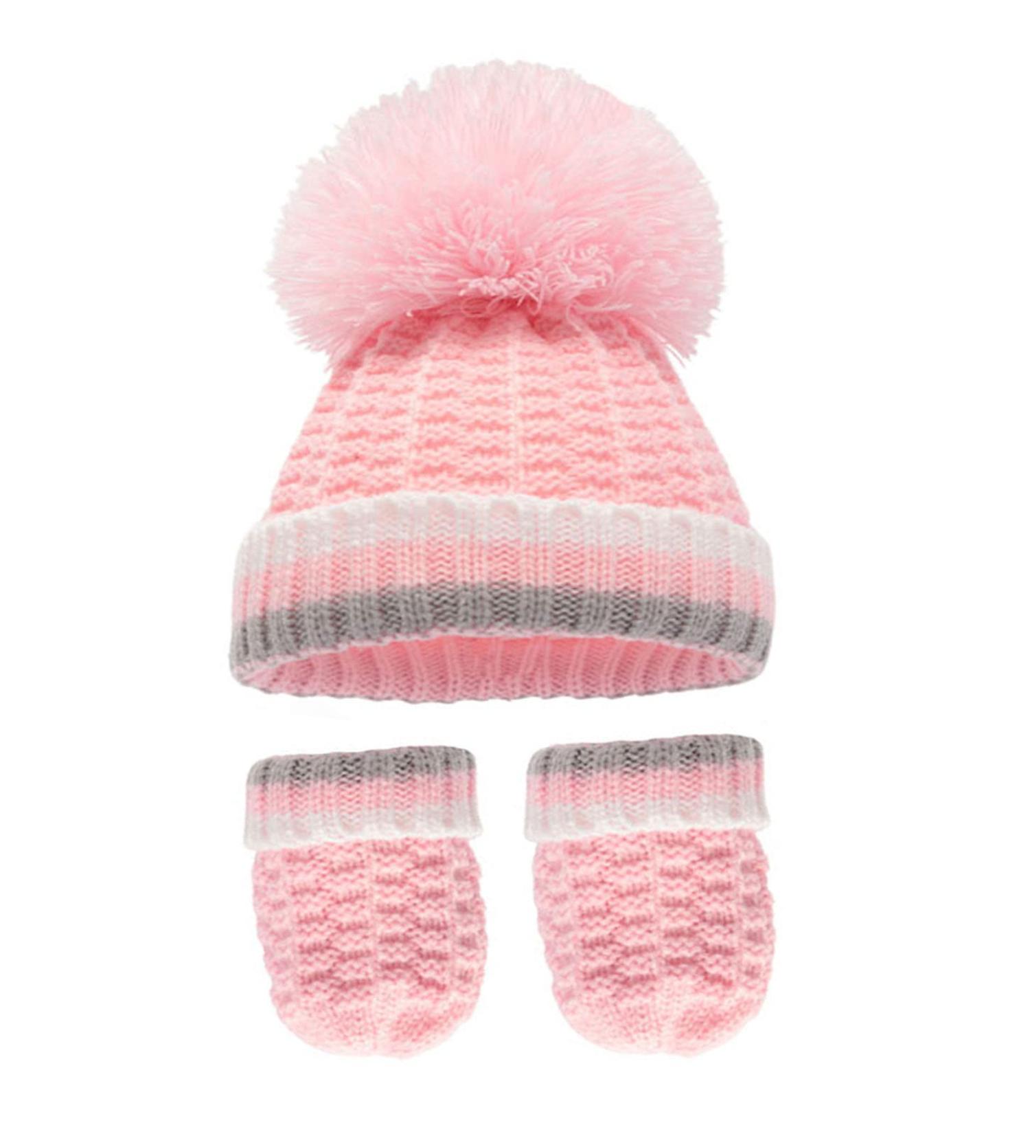 Royal Icon Baby Knitted Pom Pom Hat with Mittens Baby Boys Girls Winter Hat Mittens Set Cable Knit Single Pom Pom Bubble Hat Colours Available NB-12 Months RI6512 0-12 Months Pink/Grey - Ri648