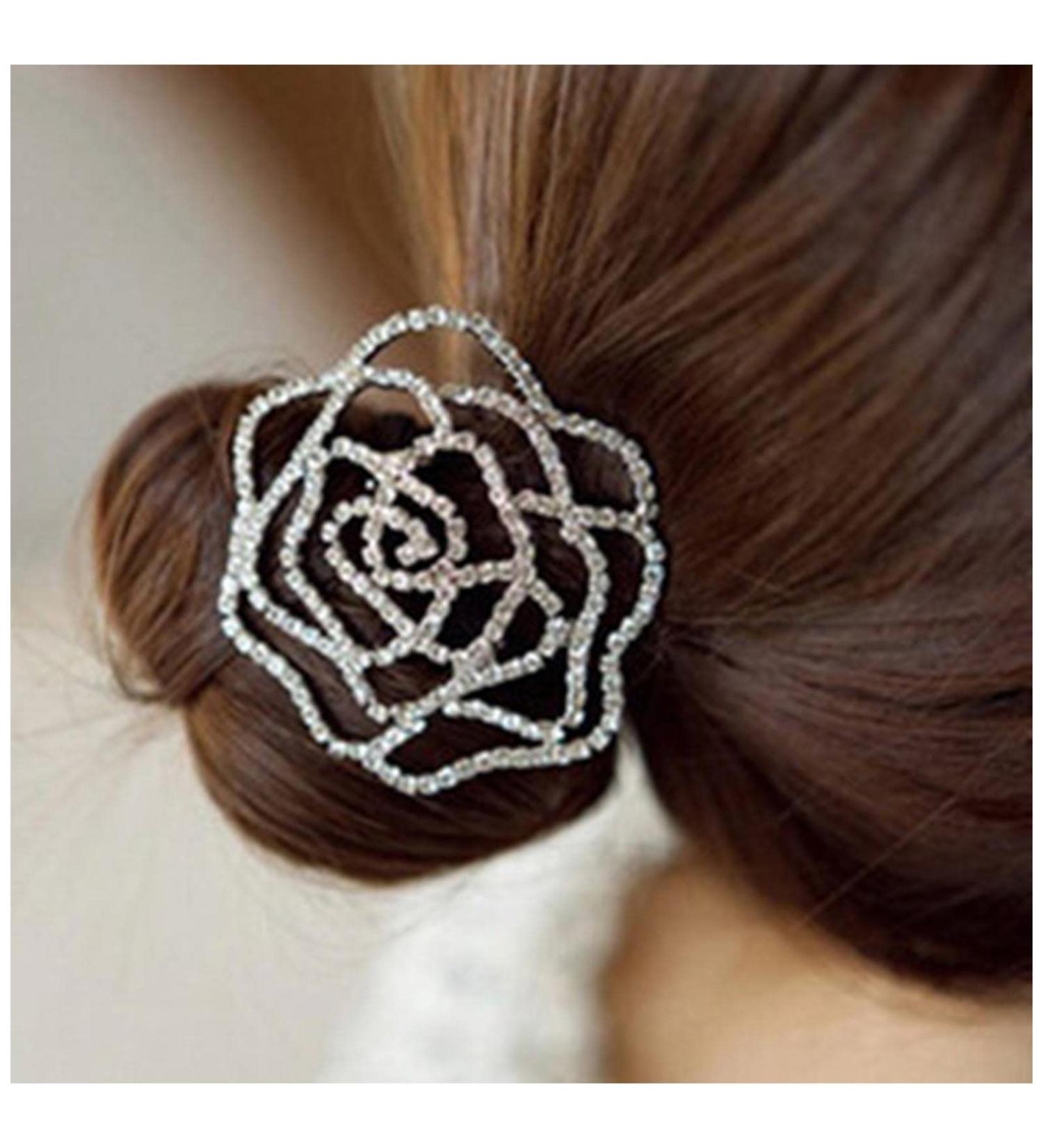 Yheakne Rhinestone Flower Hair Tie Scrunchies - Silver Crystal Ponytail Holder for Women and Girls - Buy Online on GoSupps.com
