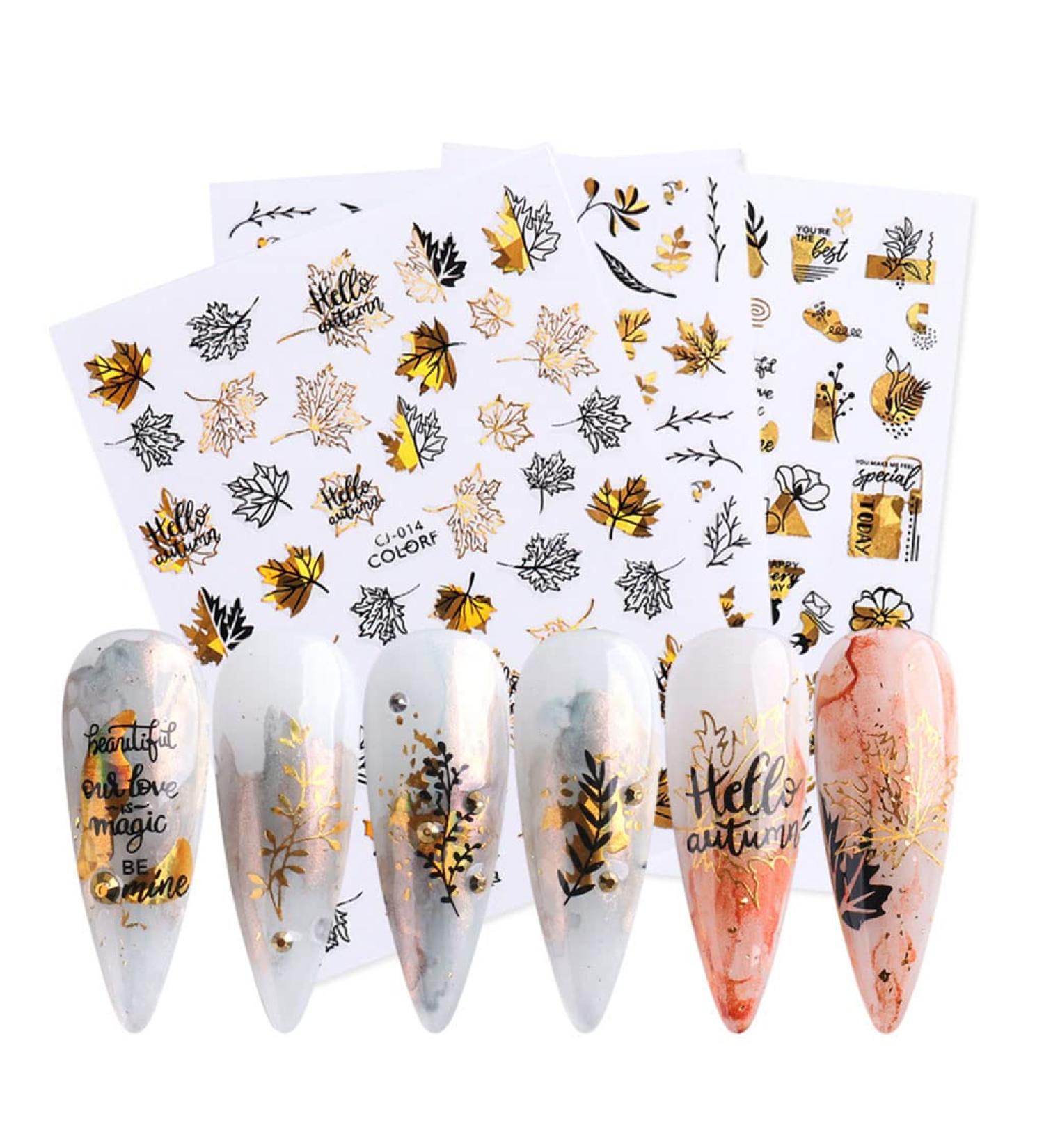 Maple Leaf Nail Stickers Autumn Nails Stickers Decals Transfer Stickers Gold Black 3D Nail Sticker - Buy Online on GoSupps.com