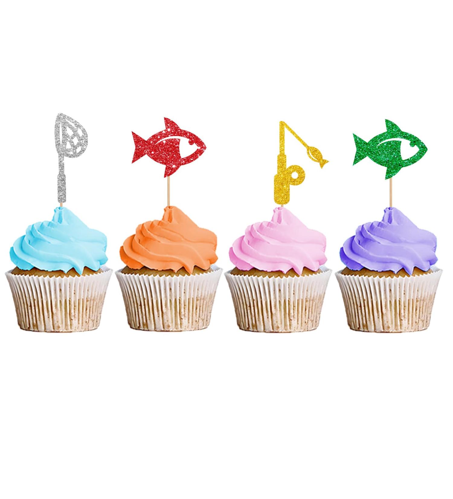 Fishing Cupcake Toppers Fish Cupcake Toppers Trammel/Fishing Net/Fishing Rod Sign Dessert Picks Fisher Fisherman Birthday Party Decoration - Green & Gold Glitter - Buy Online on GoSupps.com