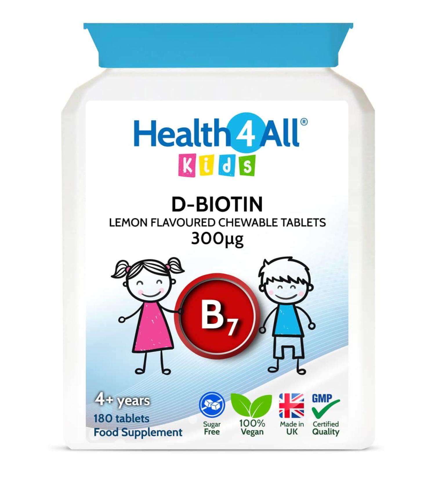 Health4All Kids D-Biotin 180 Tablets - Hair Growth and Strong Nails Supplement for Children - Vegan Biotin Chewable Tablets - 180 Count - Buy Online on GoSupps.com