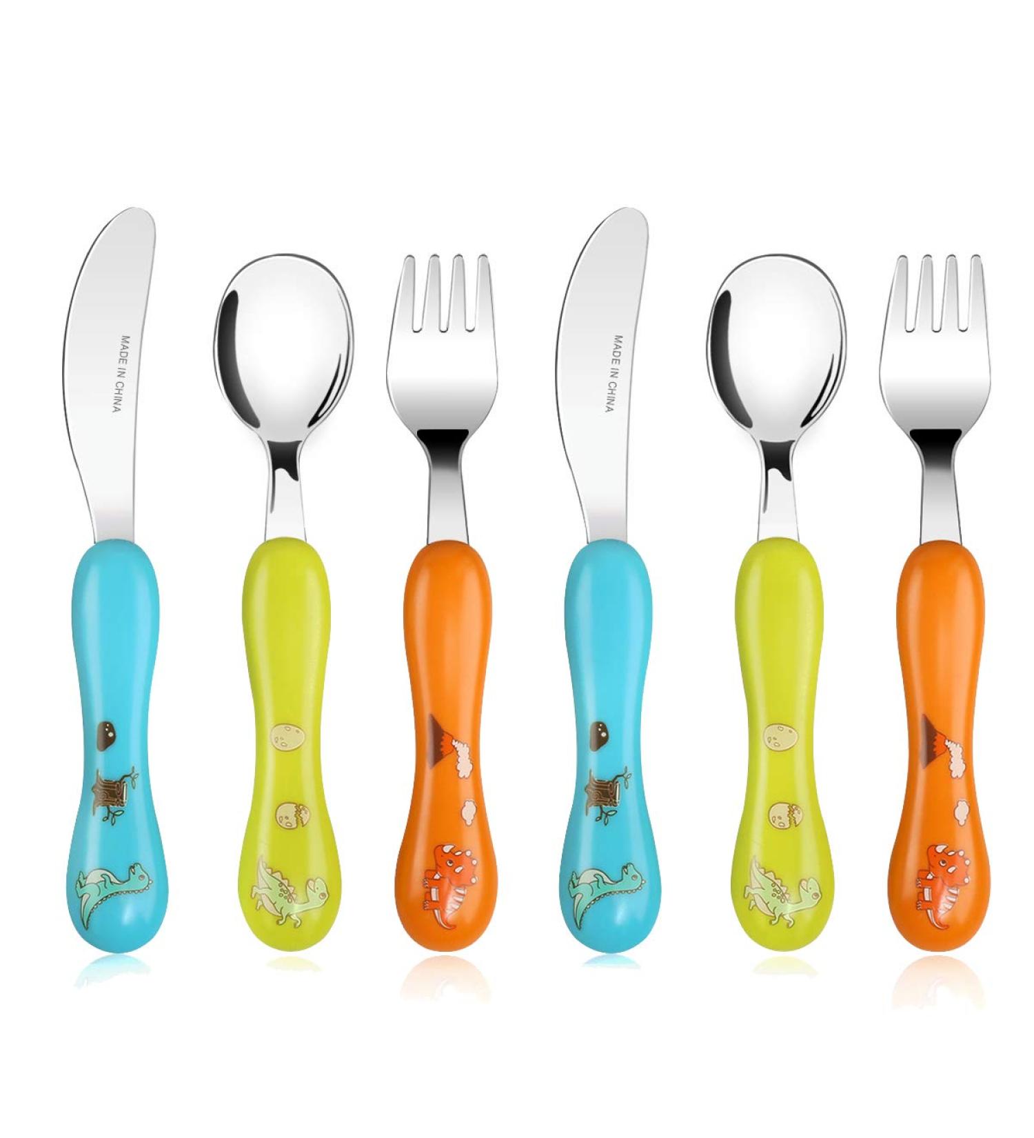 Lehoo Castle Toddler Cutlery Set - 6 PCS Kids Cutlery with Dinosaur Design - Children's Forks, Knives, Spoons - Toddler Knife and Fork Set in Orange - Buy Online on GoSupps.com