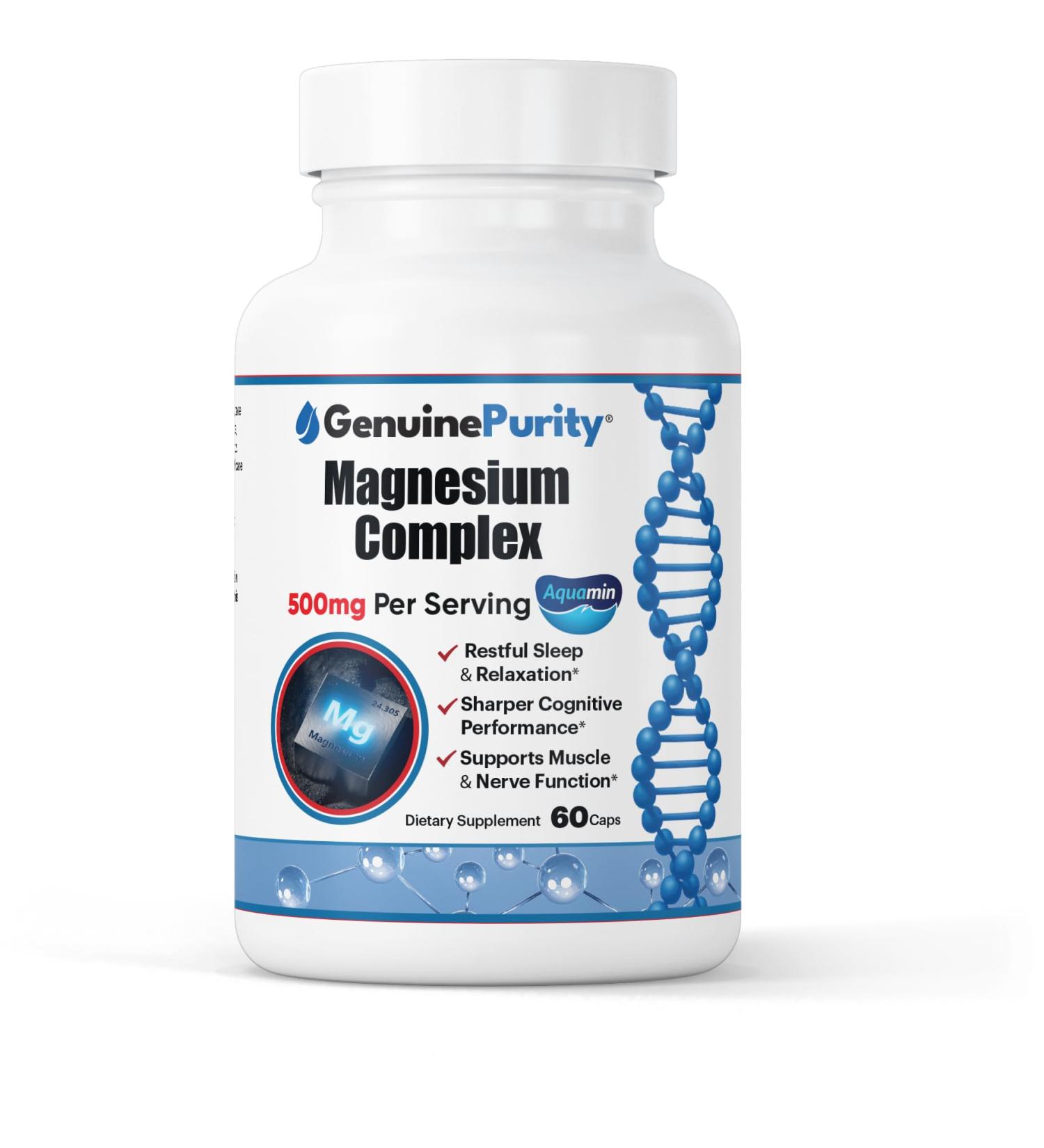 GenuinePurity - Magnesium Complex Supplement with Aquamin - Magnesium Citrate Glycinate & Hydroxide - Supports Muscle Function Nerve Health & Daily Wellness