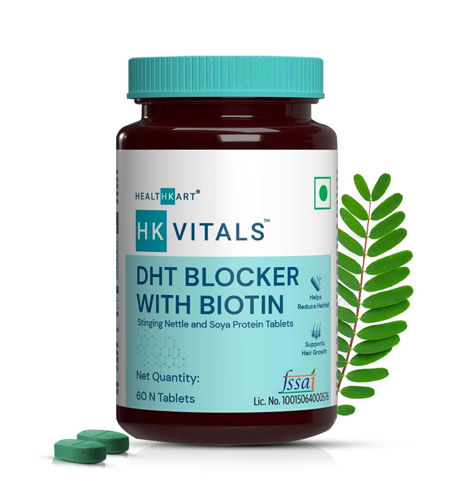 Glamzy HK Vitals DHT Blocker with Biotin Stinging Nettle and SOYA Protein Helps Reduce Hair Fall Stimulates Hair Growth 60 Tablets - Buy Online on GoSupps.com