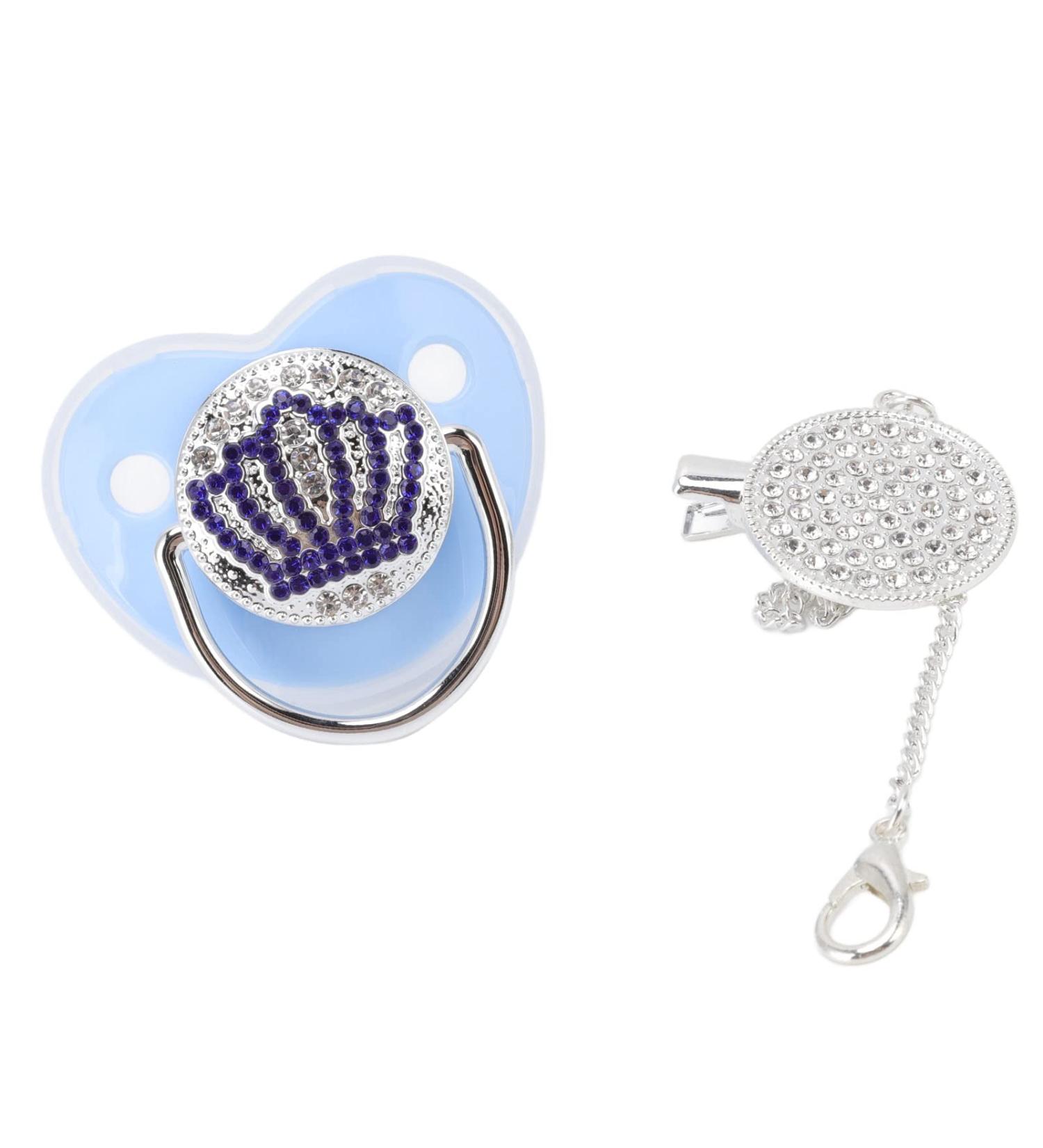 Bling Pacifier - Ultra Soft Rhinestone Crown Baby Pacifier | Portable & Safe with Chain Clip - Soothes Baby - Blue - Buy Online on GoSupps.com