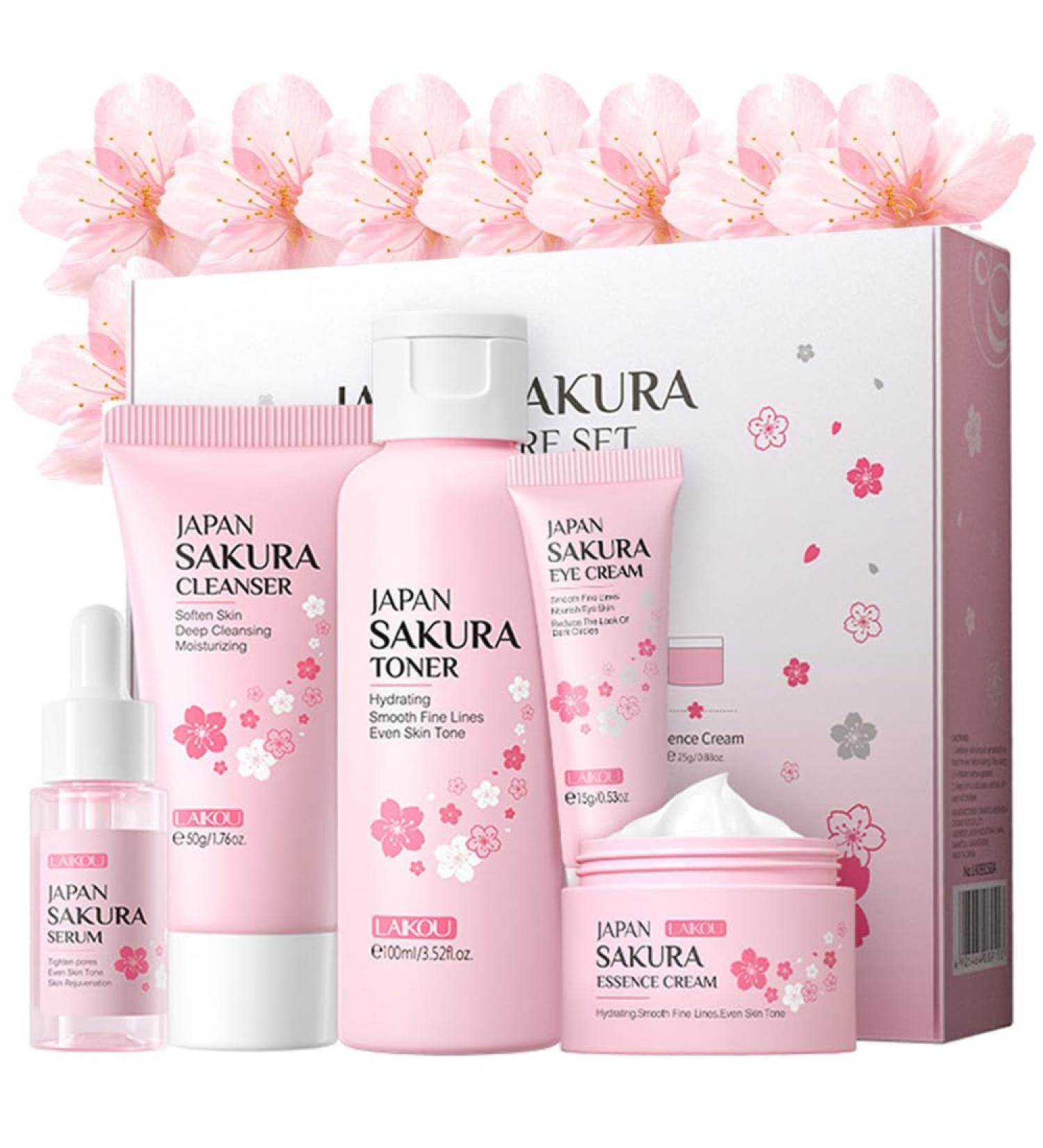 Sakura Skincare Kit for Teen Girls & Women - 5pcs Travel Set: Cleanser Toner Serum Eye Cream & Face Cream - Buy Online on GoSupps.com