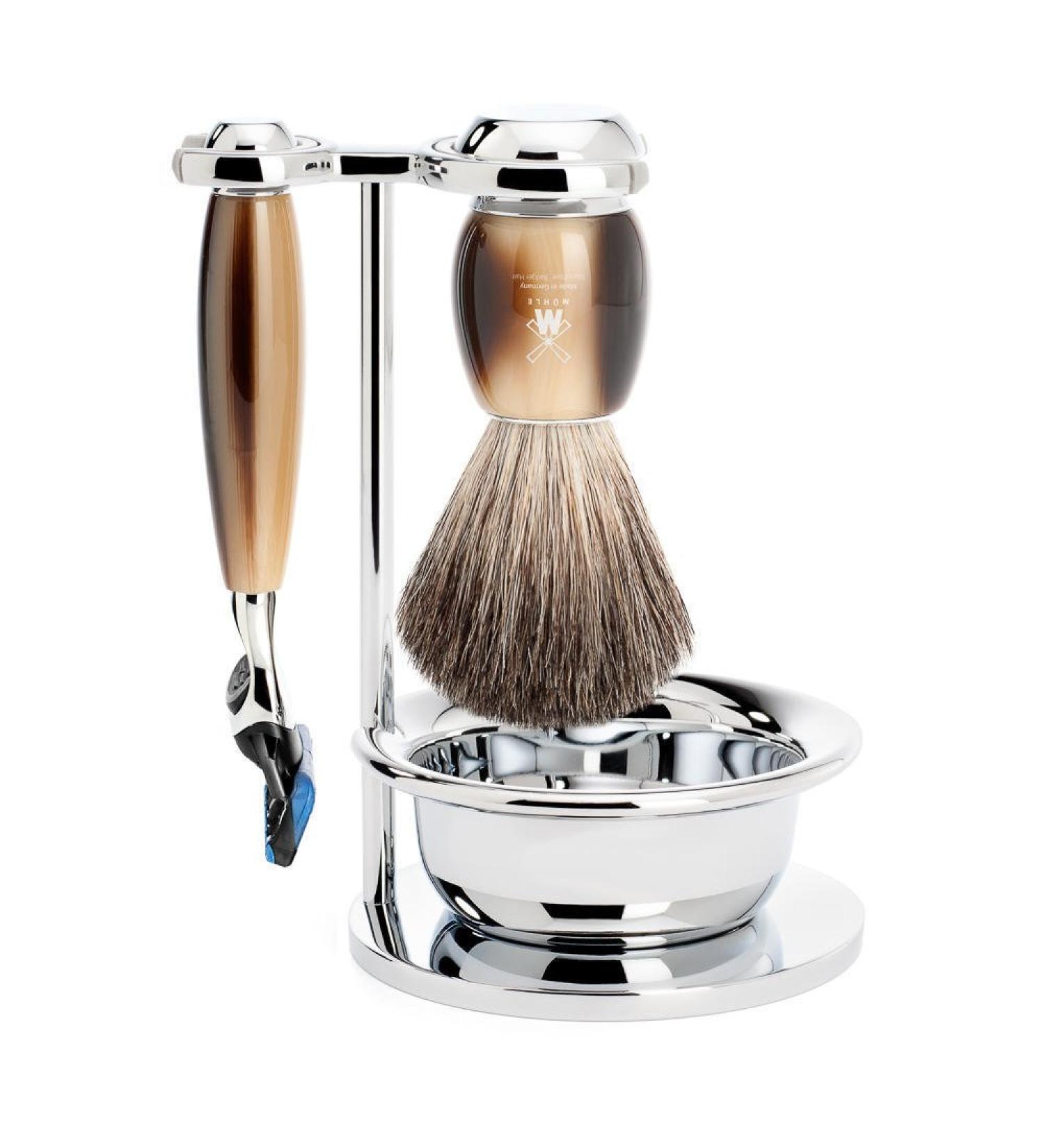 M HLE VIVO Brown Horn Resin 4-Piece Pure Badger 5-Blade Razor Shaving Set - Premium Shaving Kit for Men | International Shipping Available - Buy Online on GoSupps.com