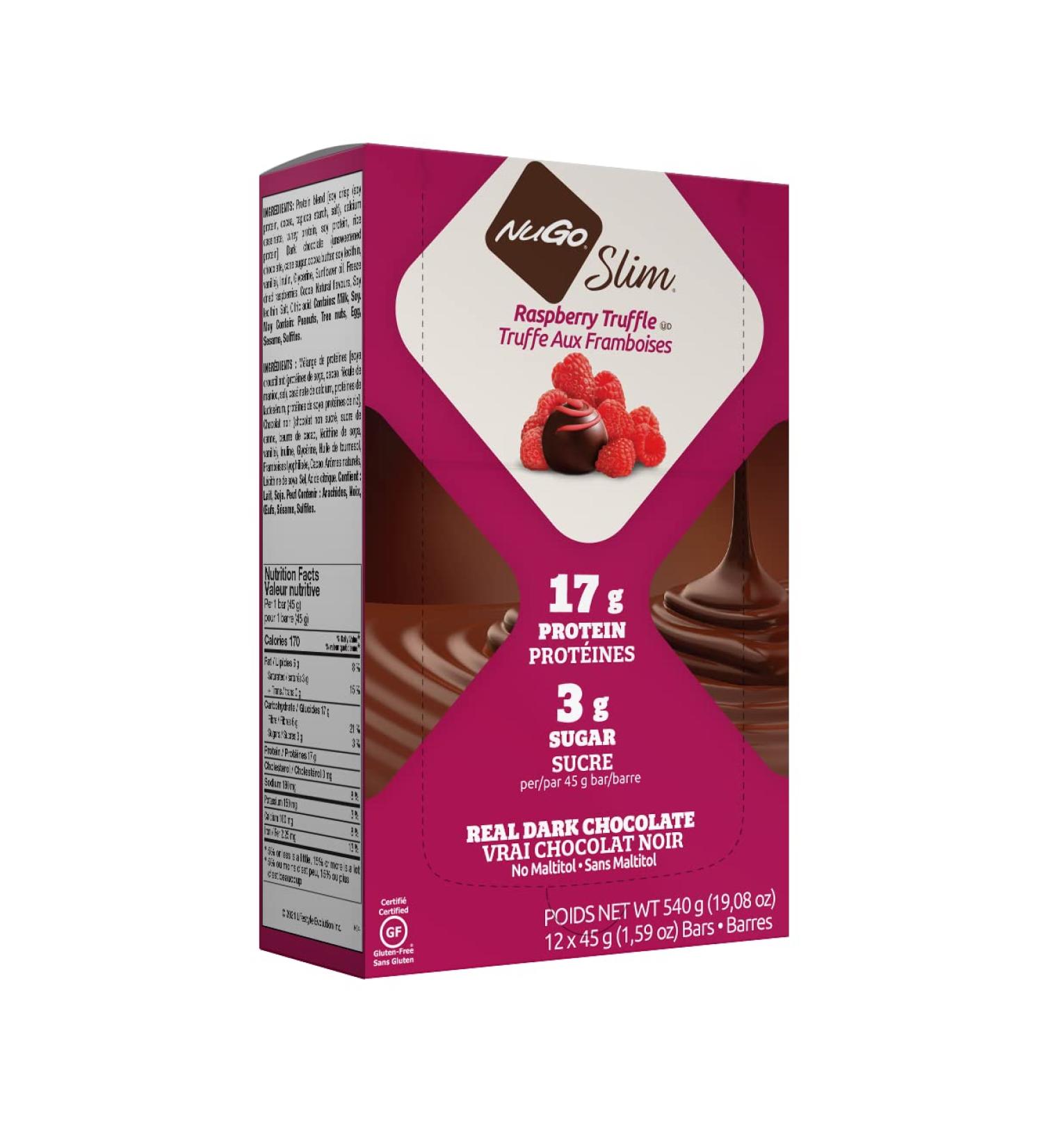 NuGo Slim Dark Chocolate Raspberry Truffle - 17g Protein, Low Sugar, Gluten Free - 12 Count - Buy Online on GoSupps.com