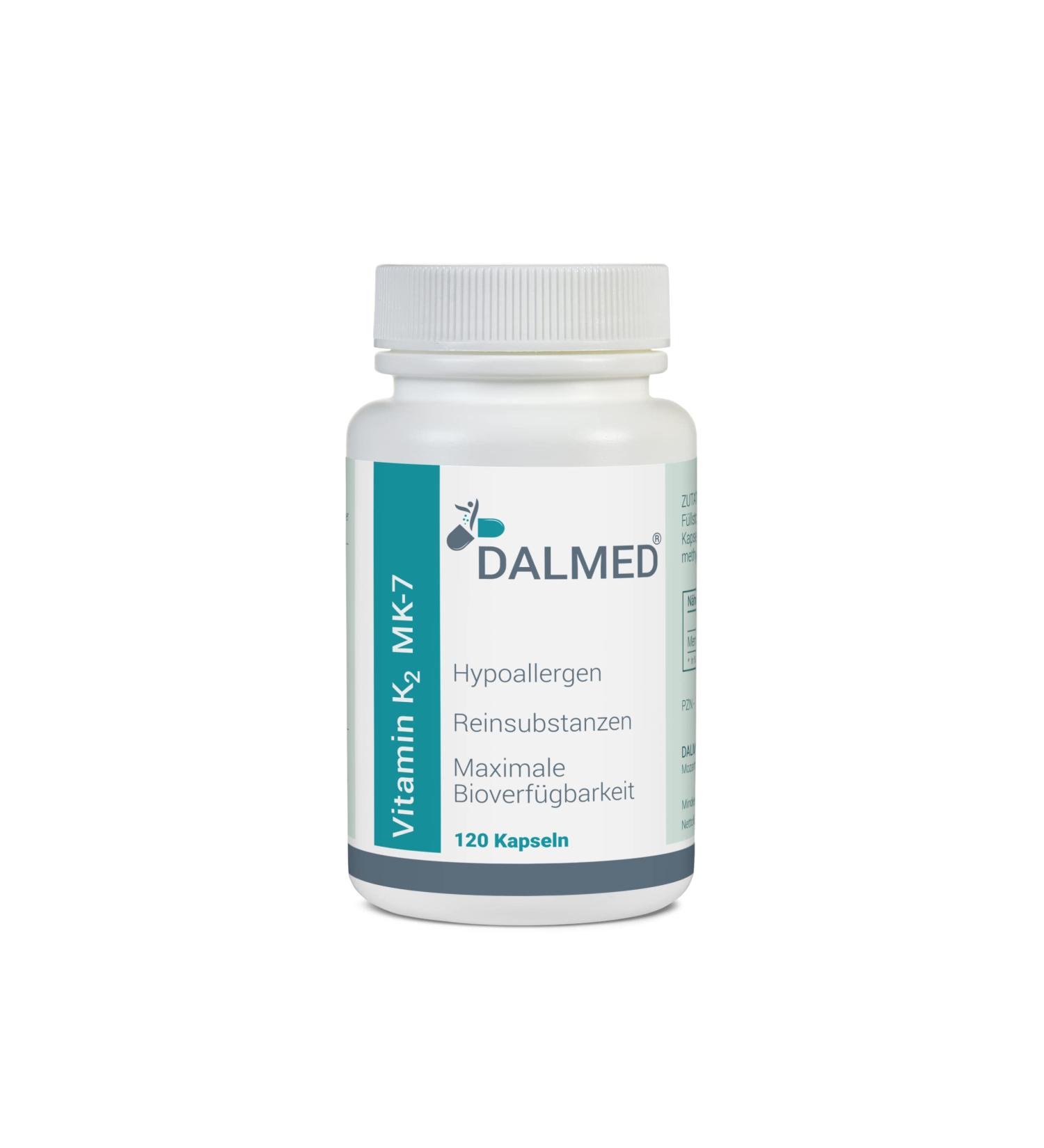 DALMED Vitamin K2 MK-7-120 Capsules (1 Capsule Contains: 200 mcg Menaquinone-7) - Pharmaceutical Grade - No Additives - Pure and High Quality Substances