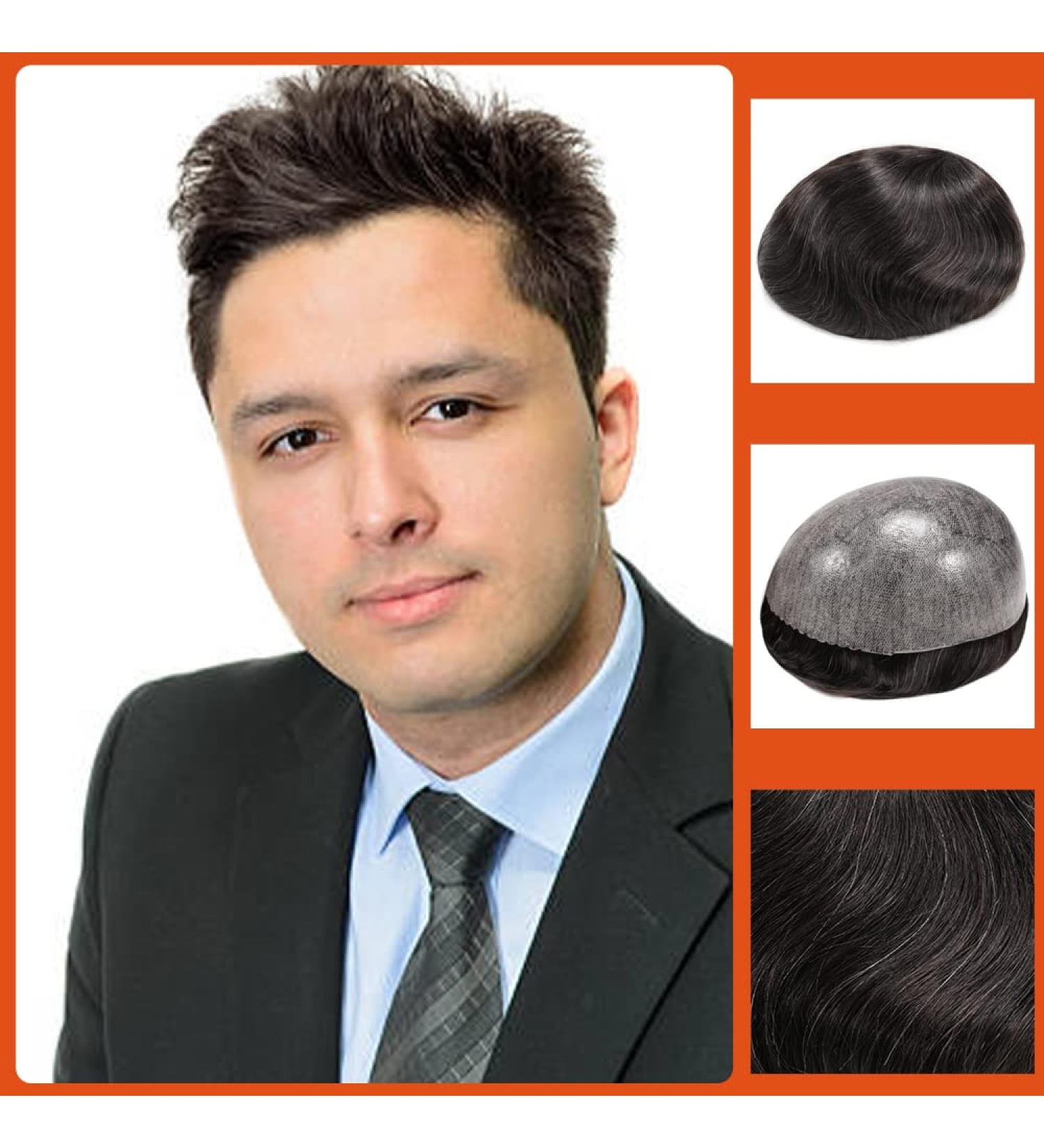 Zakya Hair System for Men Thin Skin Men's Toupee 100% Human Hair Men's Hairpieces 8x10 Inches Base Size Hair Replacement System for Men (Off Black 1B#+10% Grey Hair) - Buy Online on GoSupps.com